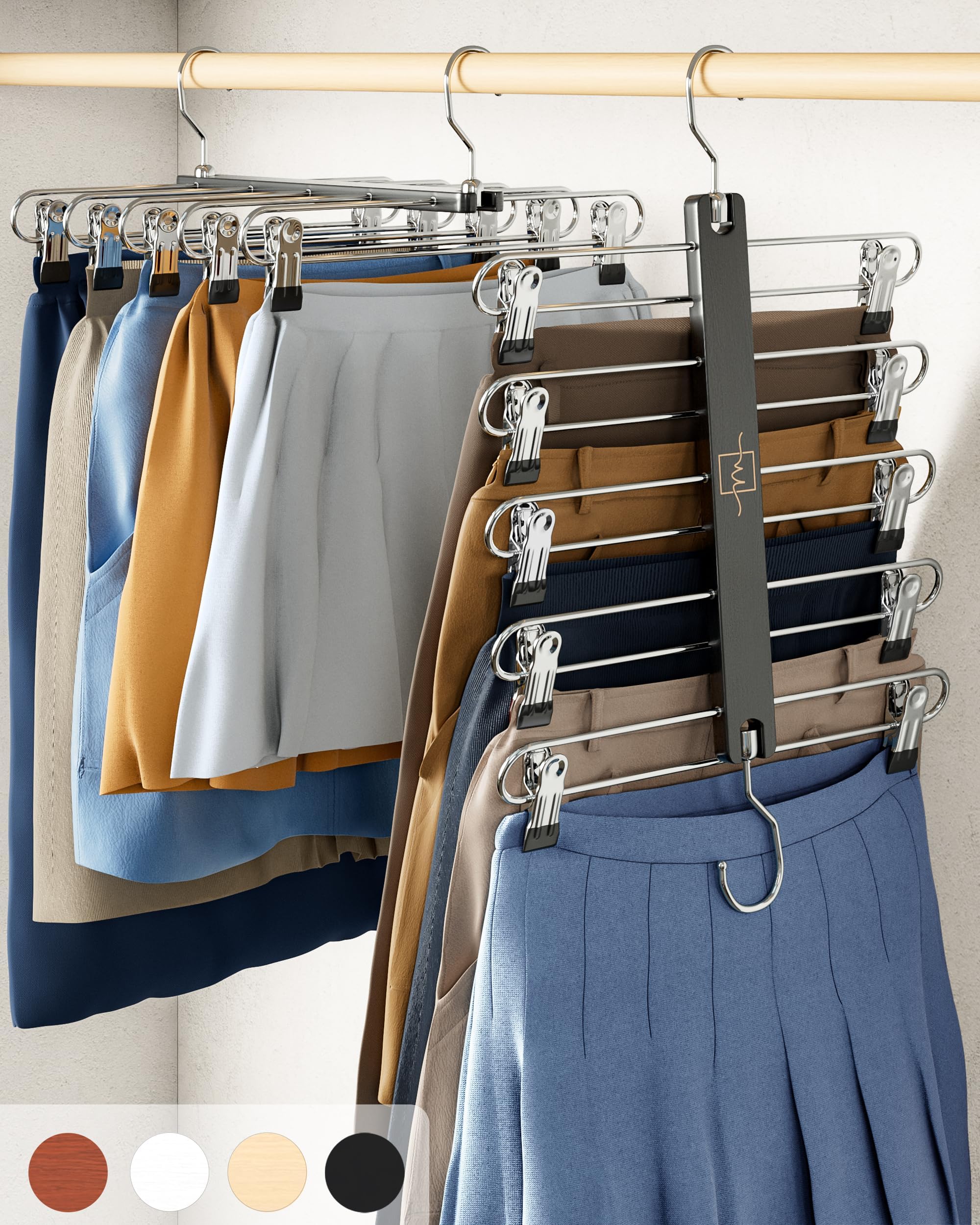 MORALVE Skirt Hangers Space Saving with Clips - 2 Pack - European Beechwood 5-Tier Hanger for Shorts, Skirts, and Pants - Closet Organizer and Storage Solution for Women with 360° Swivel Hook