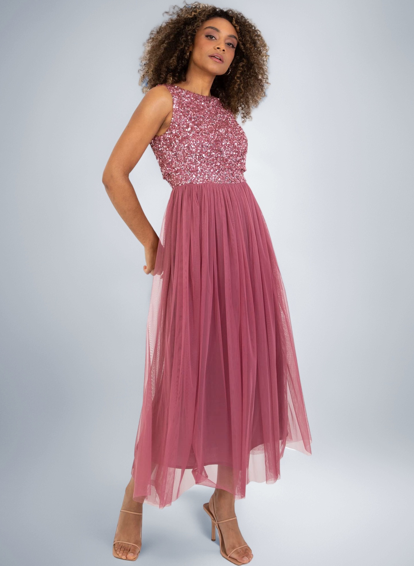 Maya Deluxe Vrouwen Midaxi Jurk Dames Mouwloze Pailletten Hoge Empire Taille Tule Versierd voor Bruiloft Gast Bal Bruidsmeisje, Bessen, 34 :