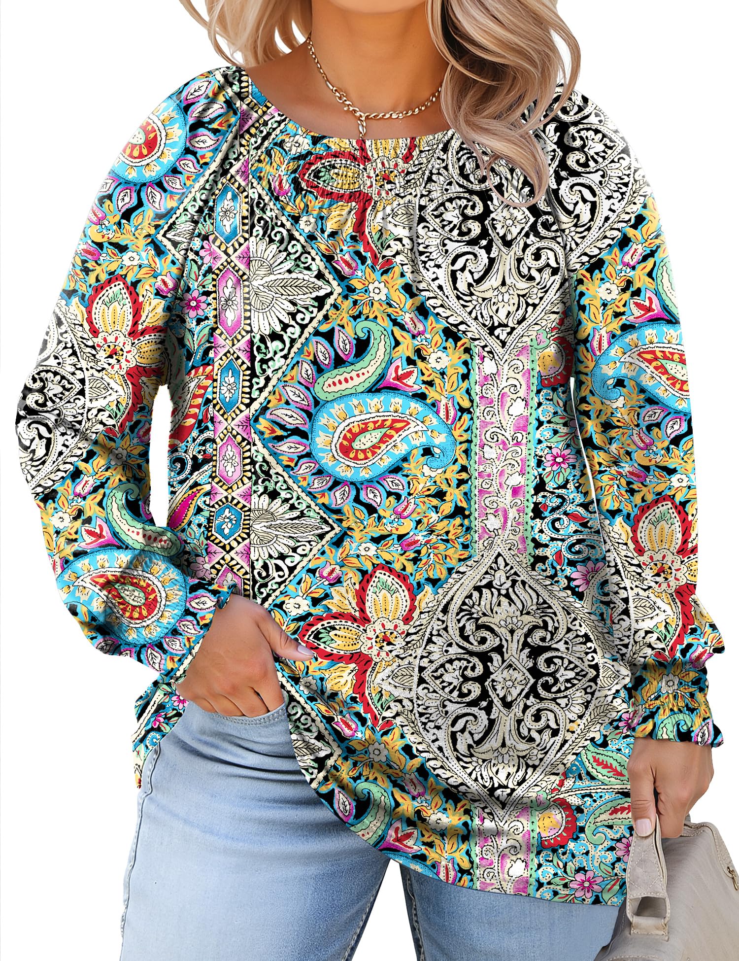 Micoson Womens Plus Size Tops Long Sleeve Shirts Crewneck Pleated Blouses Dressy Casual Fashion Tunic Top (1X-5X)