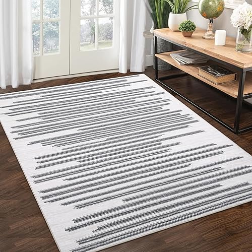 Large Area Rug 8X10 Bohemian Rug Modern Berber Stripe Area Rug Non Slip Non Shedding Indoor Floor Carpet Low Pile Throw Rug Easy Cleaning for Bedroom Living Room, Cream/Grey