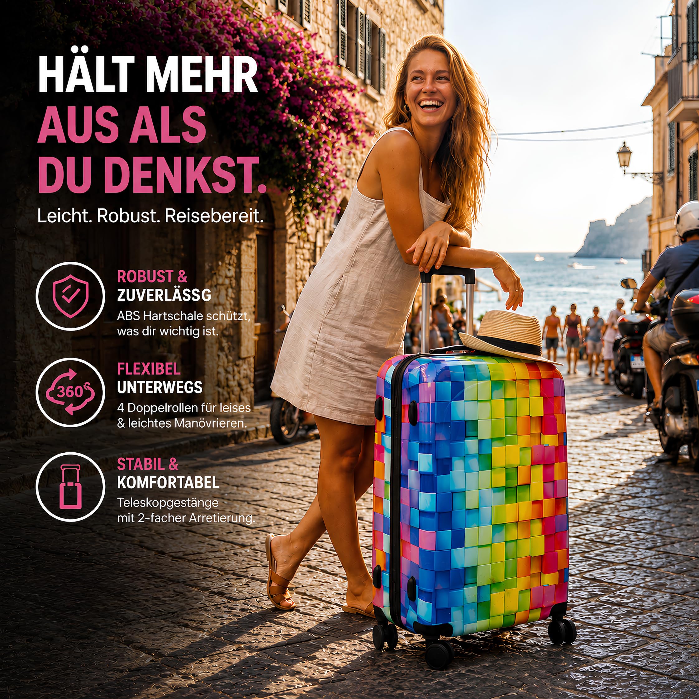 NOWI Hartschalenkoffer XL Groß - 100L Volumen - 158cm Gurtmaß - 8 Rollen 360° drehbar - Leichter Koffer mit Zahlenschloss & Teleskopgestänge - Reisekoffer mit Rollen, Trolley (XL)
