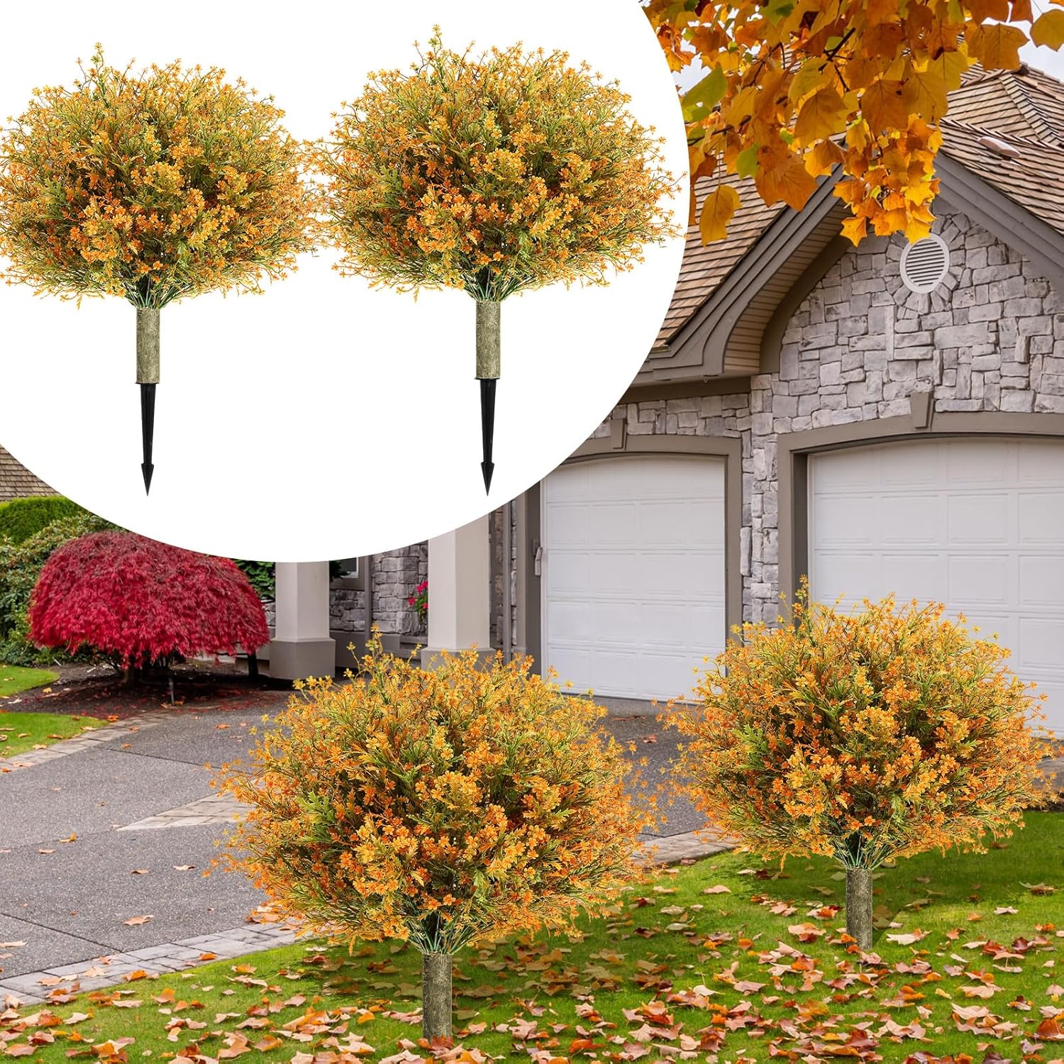 Yunlly 2 Pcs 24.8" Set of 2 Artificial Faux Flower with Spikes Fall UV Resistant Artificial Shrubs Faux Fake Bushes Plants for Garden Yard Front Porch Indoor Outdoor Decoration