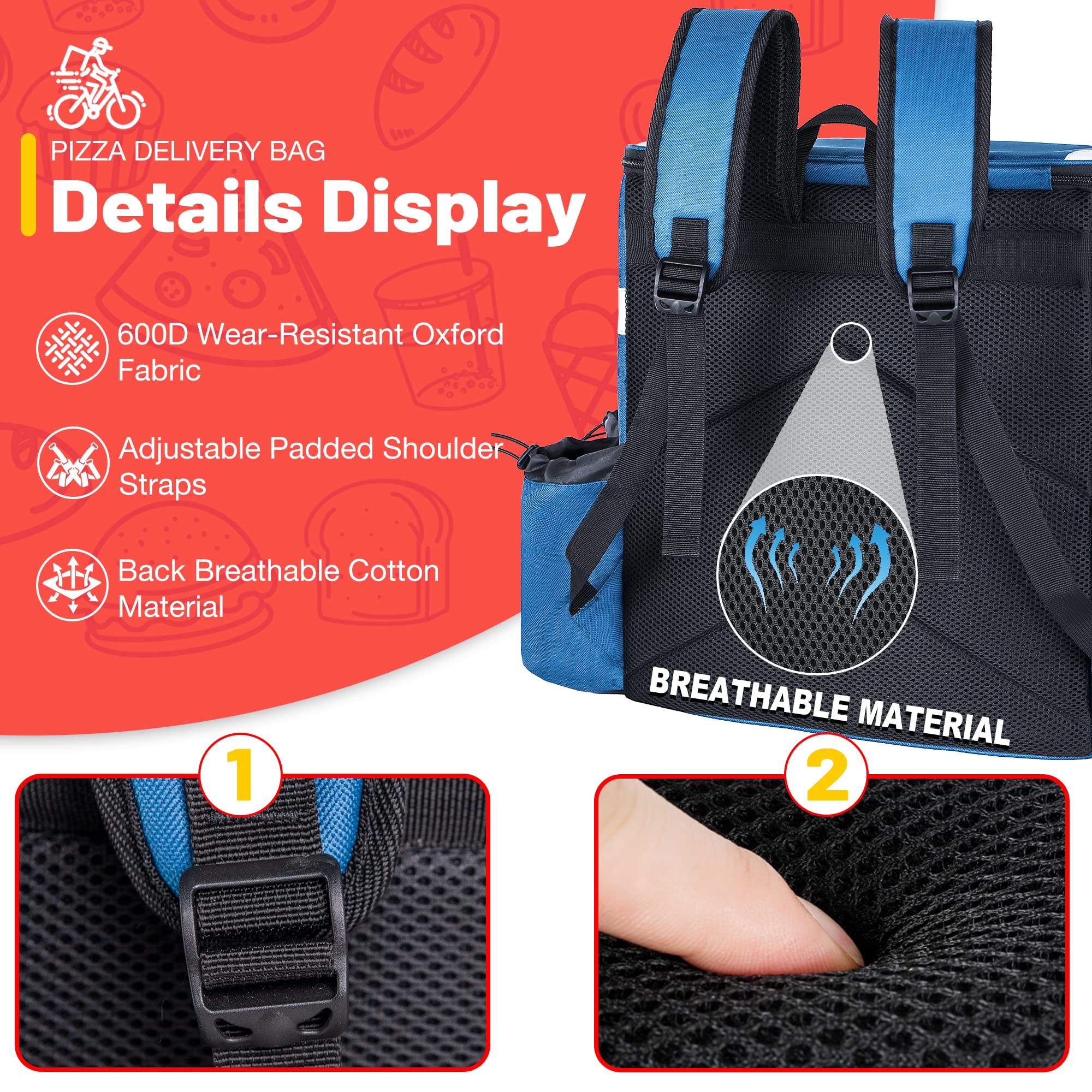 GoHimal Mochila de entrega de alimentos, bolsas de entrega aisladas para bicicleta de parto, bolsa grande para entrega de pizza para calor/frío con 4 bolsillos, tira reflectante para Uber Eat, camping