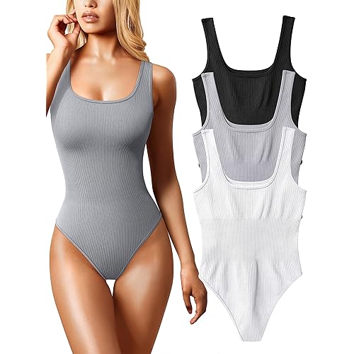 OQQ Women's 3 Piece Bodysuits Sexy Ribbed Sleeveless Square Neck Tank Tops Leotard 2025 Trendy Outfits