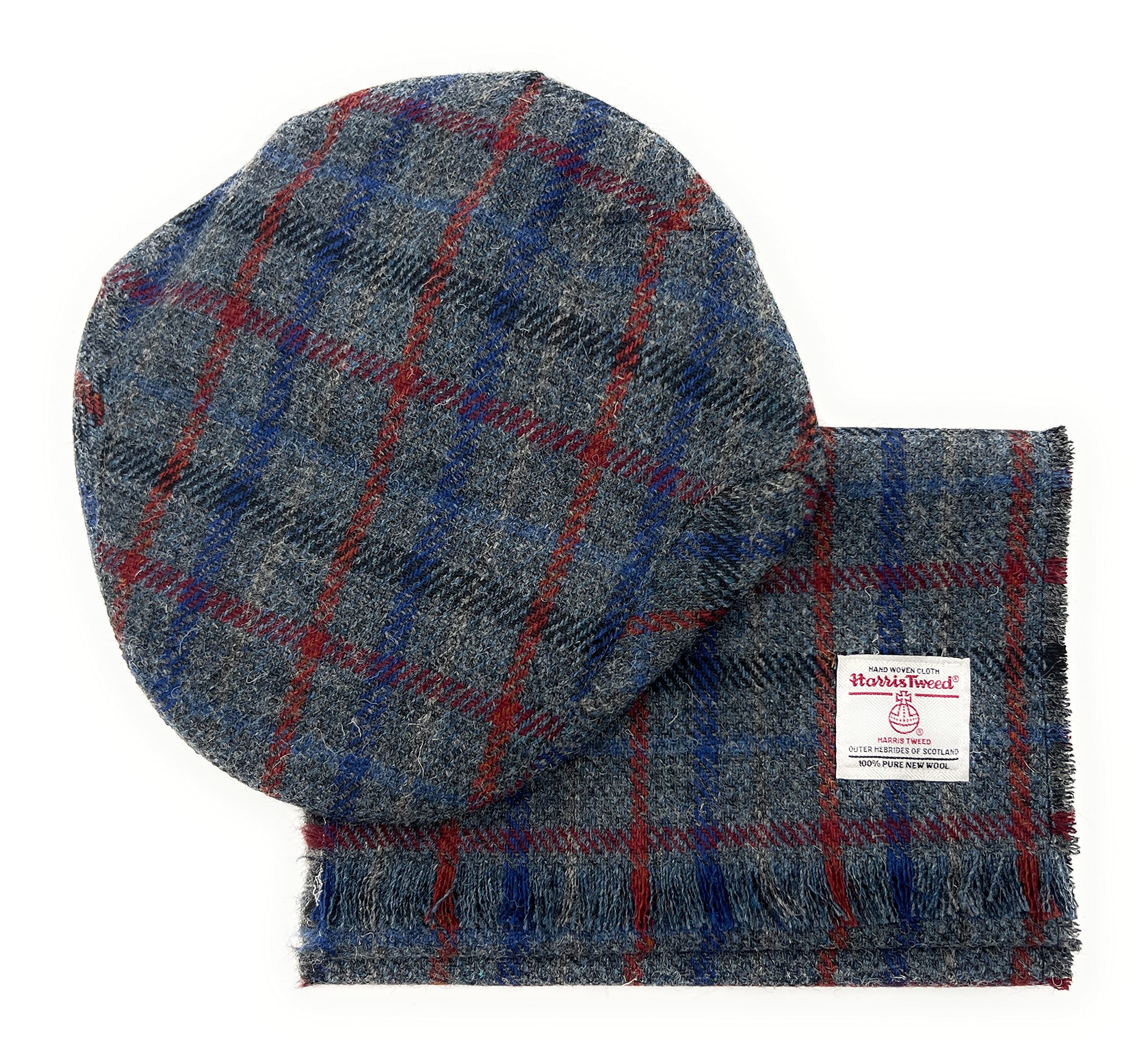 Tartan Tweeds Harris Tweed Hat & Fringed Scarf Set Unisex Hand Made in Scotland (Slate Grey Check)