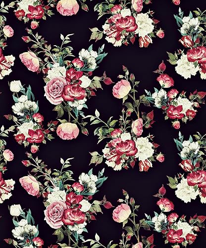 Papel tapiz floral oscuro bohemio de 17.5 x 315 pulgadas, papel tapiz vintage para paredes de dormitorio, rosas blancas, papel de contacto extraíble
