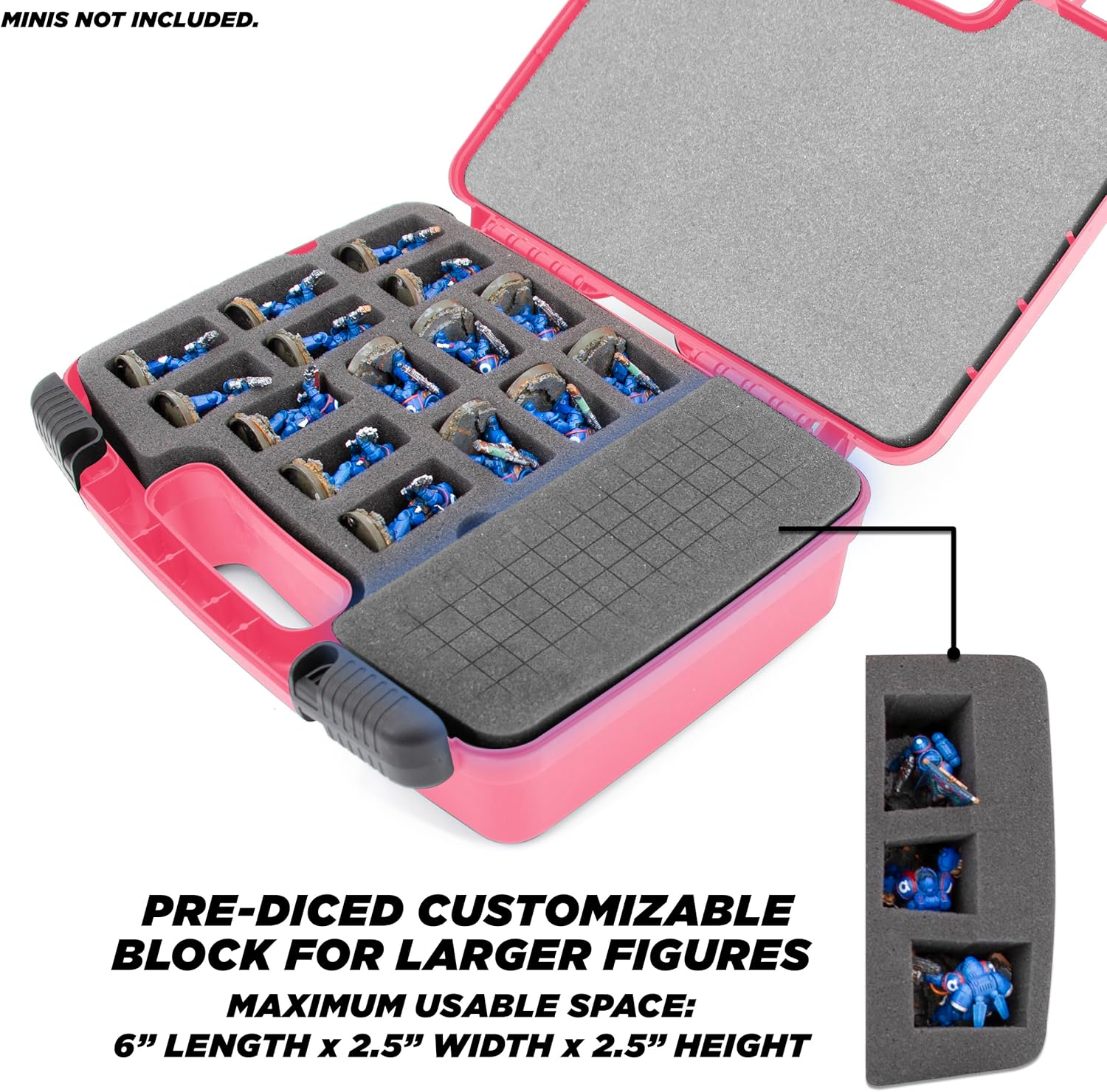 CASEMATIX Miniature Storage Hard Shell Miniature Figure Case - 30 Slot Figurine Minature Carrying Case with Customizable Foam for Large Miniatures for Warhammer 40k, DND and More, Pink Shell