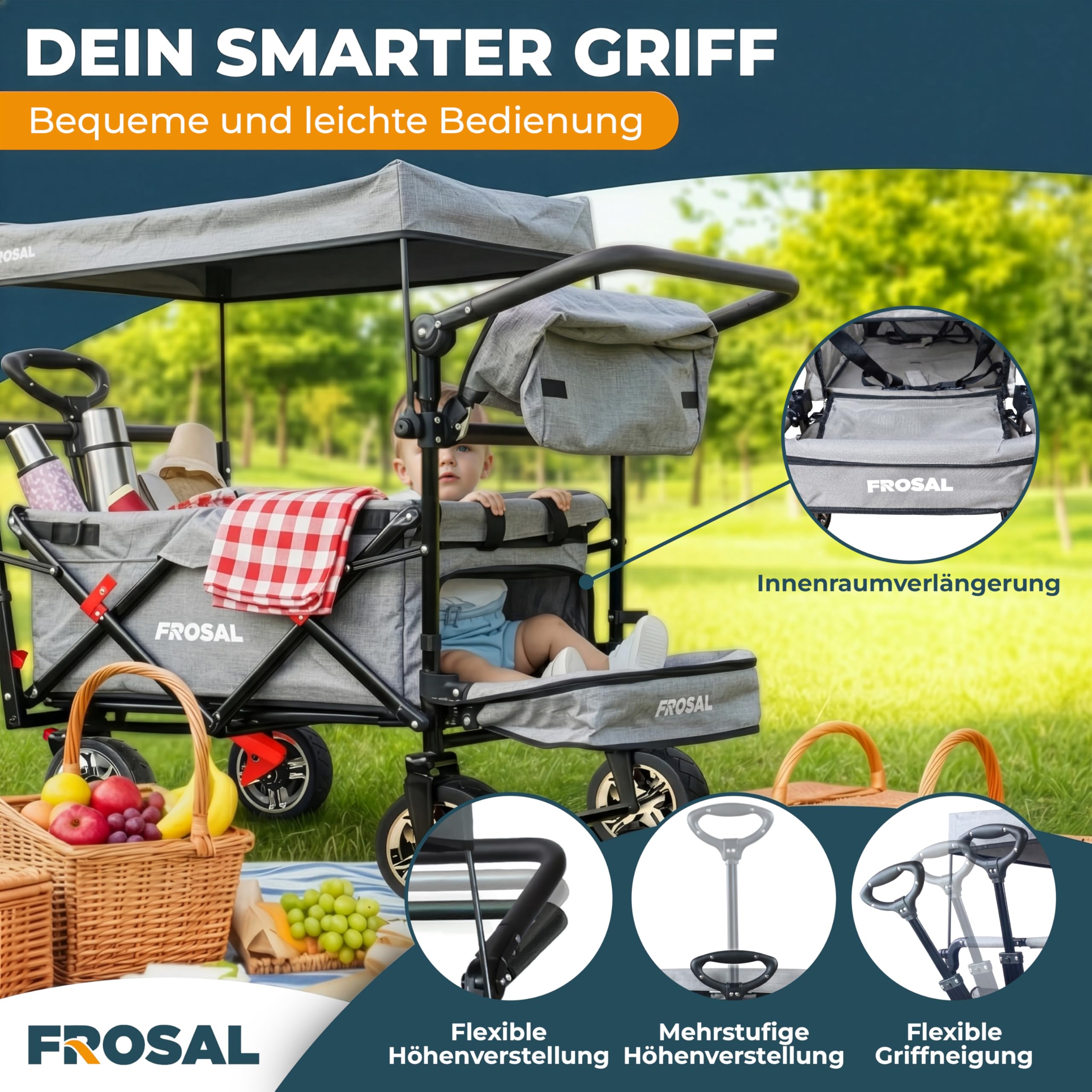 FROSAL Chariot de transport pliable avec toit Leo gris argenté souple | Chariot de transport pliable pour enfants