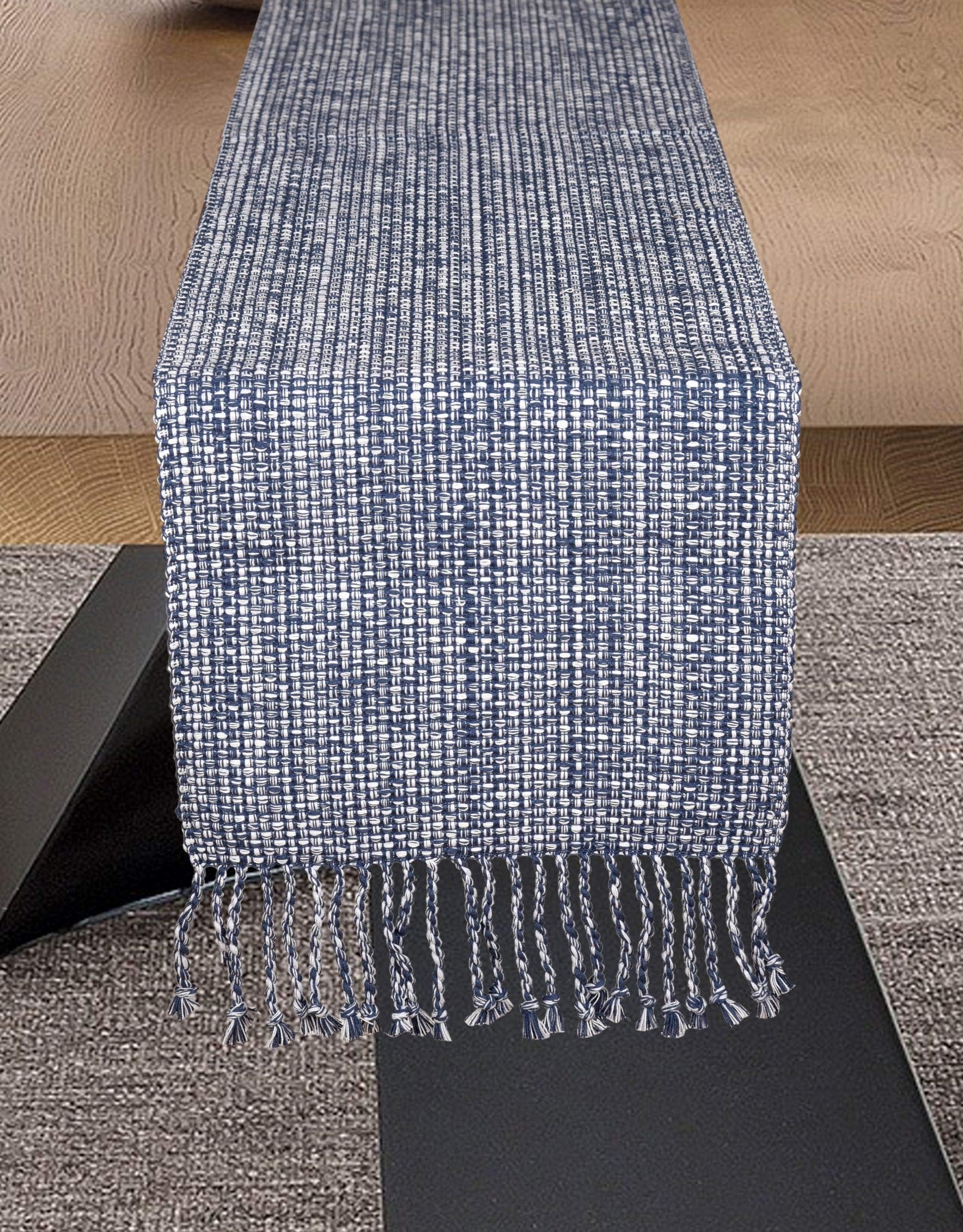 Urban Villa Two Tone Table Decor - 14x72 Blue/White w/Fringes - Cotton Table Runner for Dining, Kitchen, Everyday Use