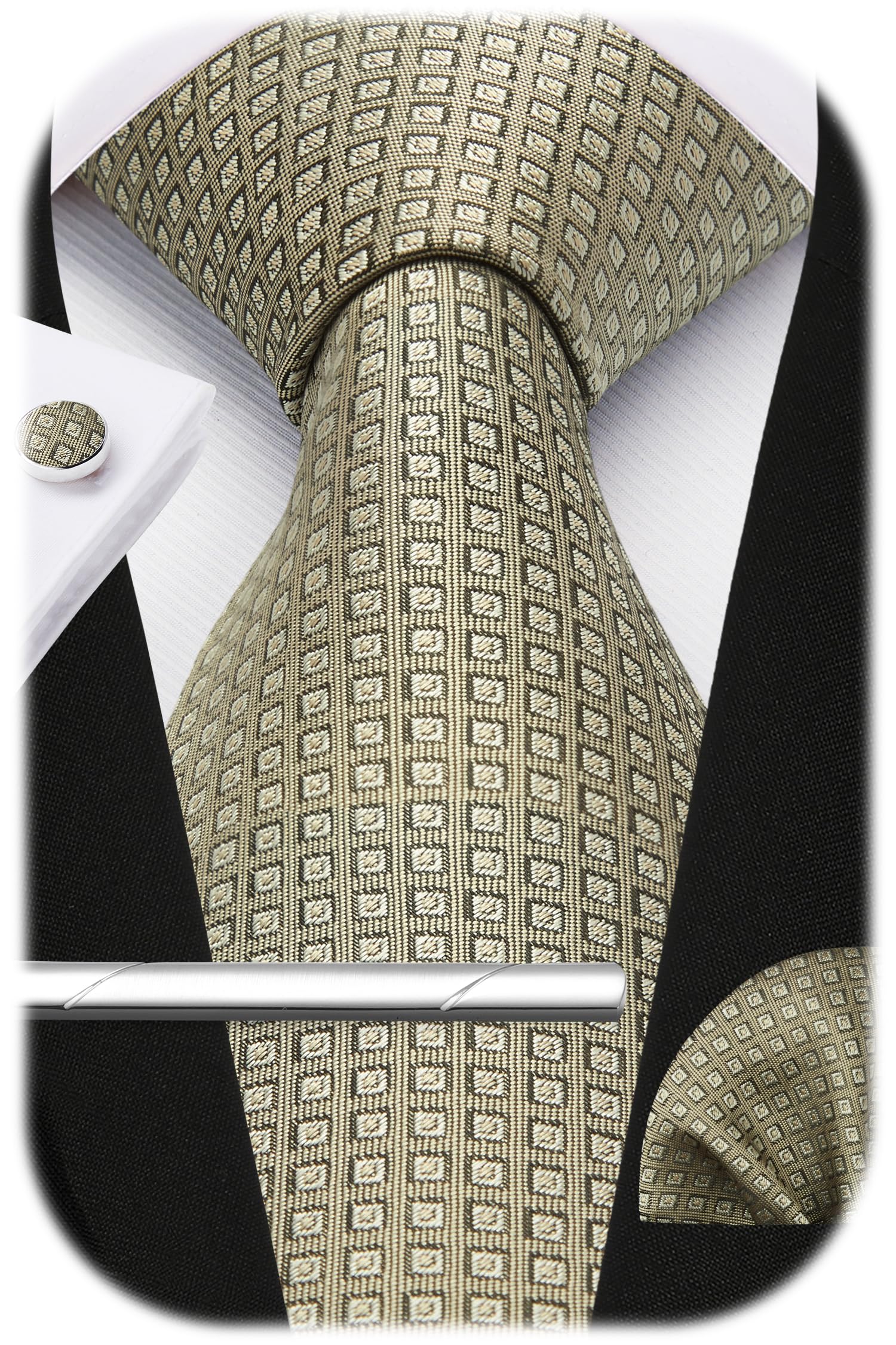 HISDERN Plaid Ties for Men Classic Checkered Tie and Pocket Square Cufflinks Tie Clip Set Woven Men's Necktie Business