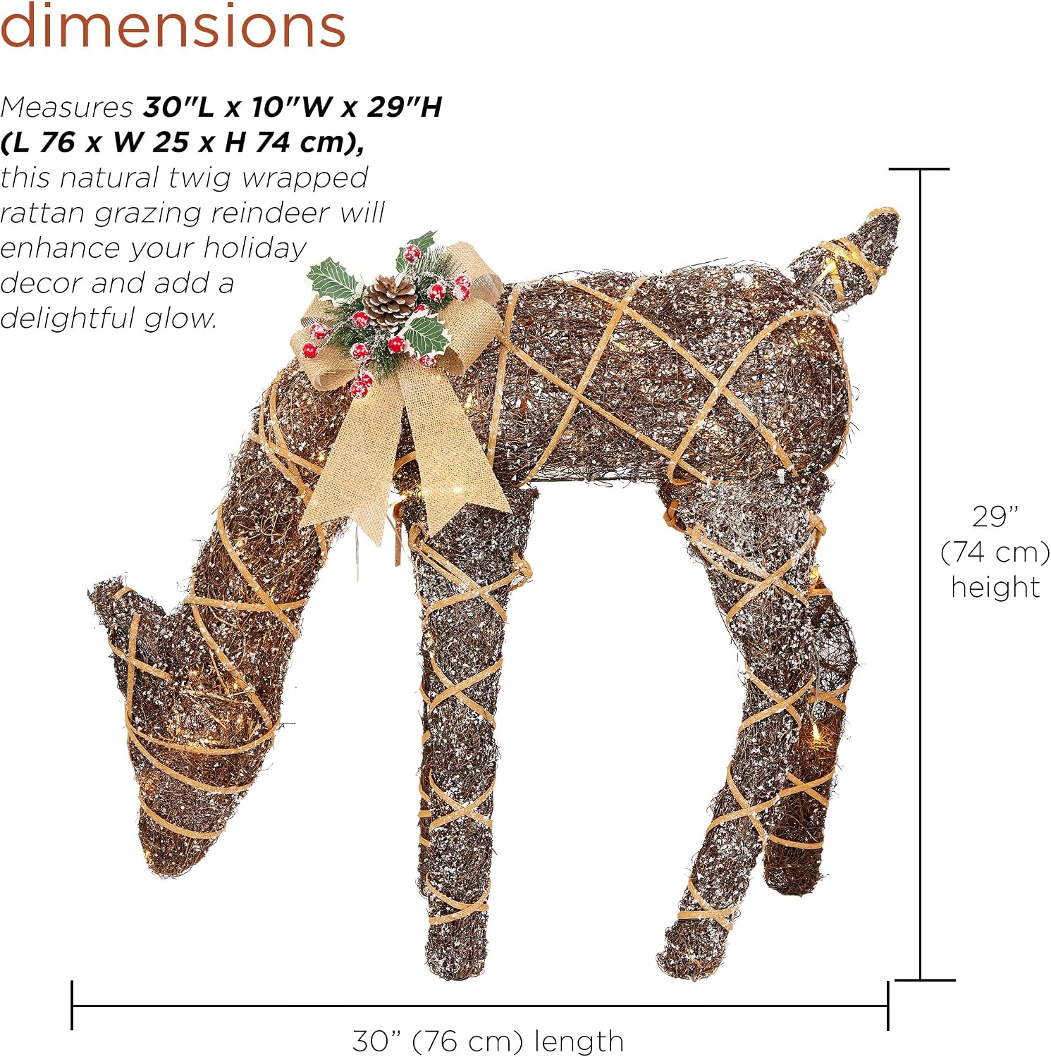 Alpine Corporation 29" Tall Natural Twig Wrapped Rattan Grazing Deer with Warm White LED Lights, Indoor/Outdoor Christmas Holiday Yard Decor Garden Display