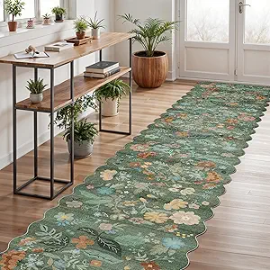 Washable 2'6x12 Hallway Runner Rug: Soft Entryway Kitchen Floral Runners Non Slip Water Resistant Nursery Bathroom Floor Mat Light Weight Carpet for Living Room Bedroom (2'6x12 Floral/Green)