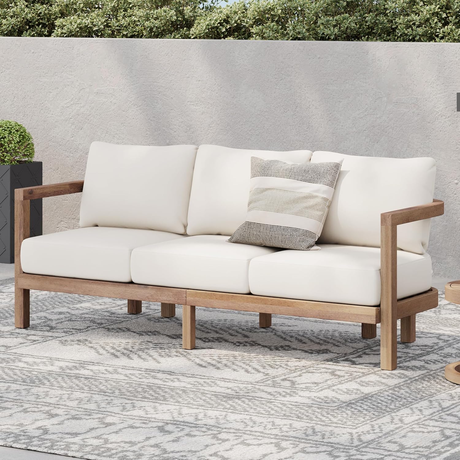 Merax 3 Seater Outdoor Acacia Wood Patio Sofa with Cushions for Porch, Garden, Backyard, Balcony, Brown wash, Beige Cushion