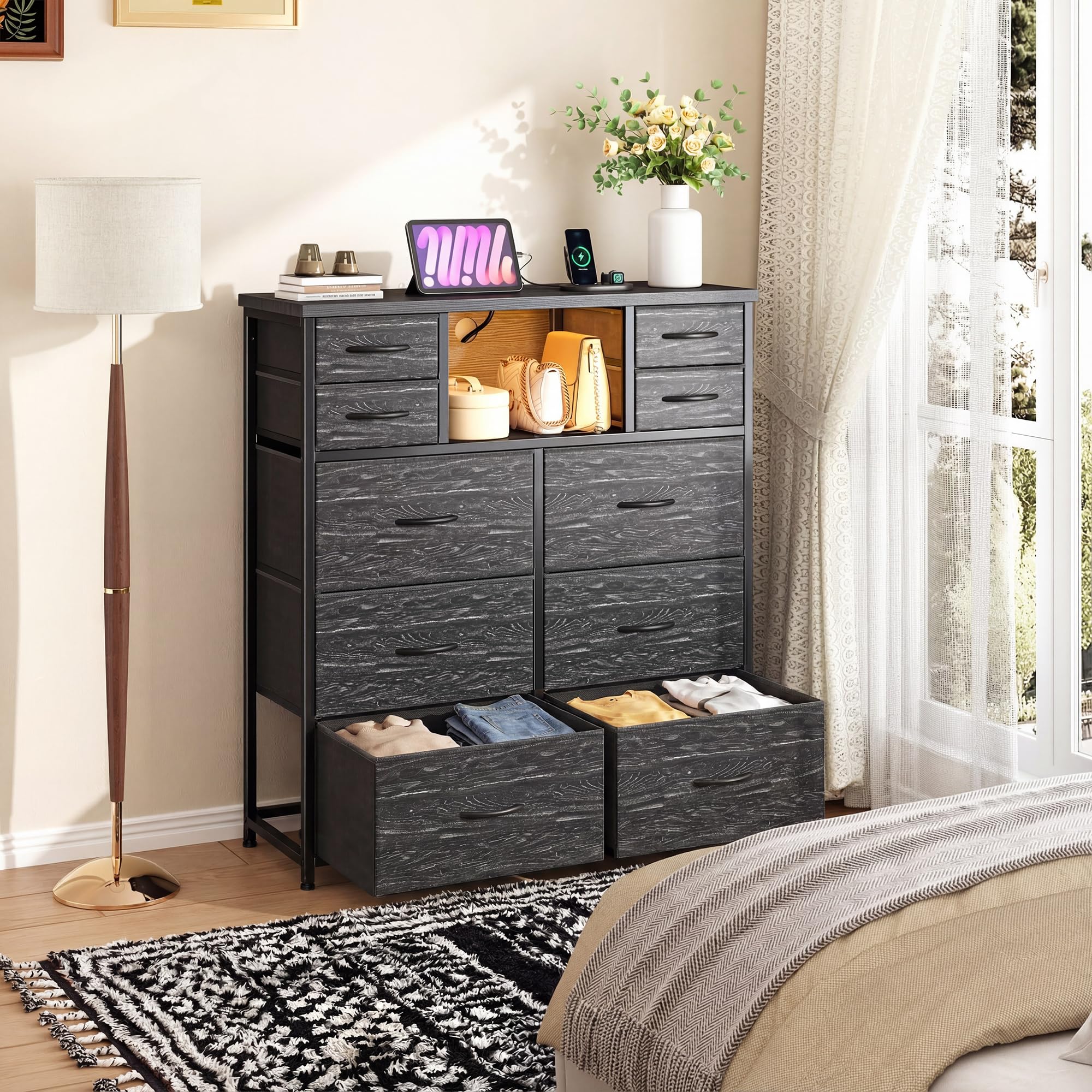 10 drawer dresser black DurayLoly for Bedroom with Charging Station & LED, Drawers smarttag_not_voice_wear Drawer Dresser in Black A-line Spaghetti Strap White Case Pieces:Dresser & Mirror