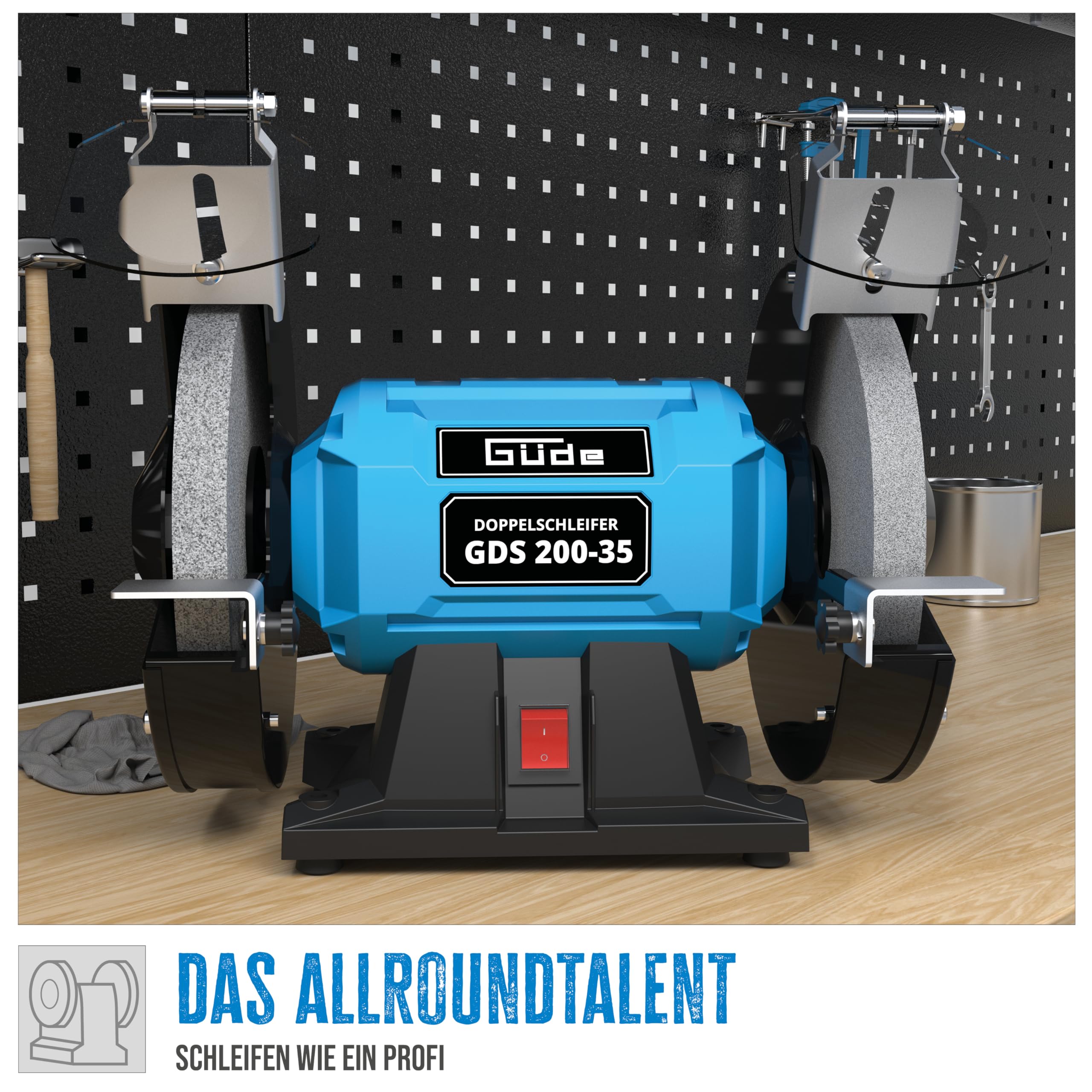 Güde GDS 200-35 - Lijadora doble (350 W, 2980 1/min de velocidad del motor, disco de lijado grueso y fino 36|60 K, diámetro de 200 mm, pie de máquina estable, eje de lijado con rodamiento de bolas,
