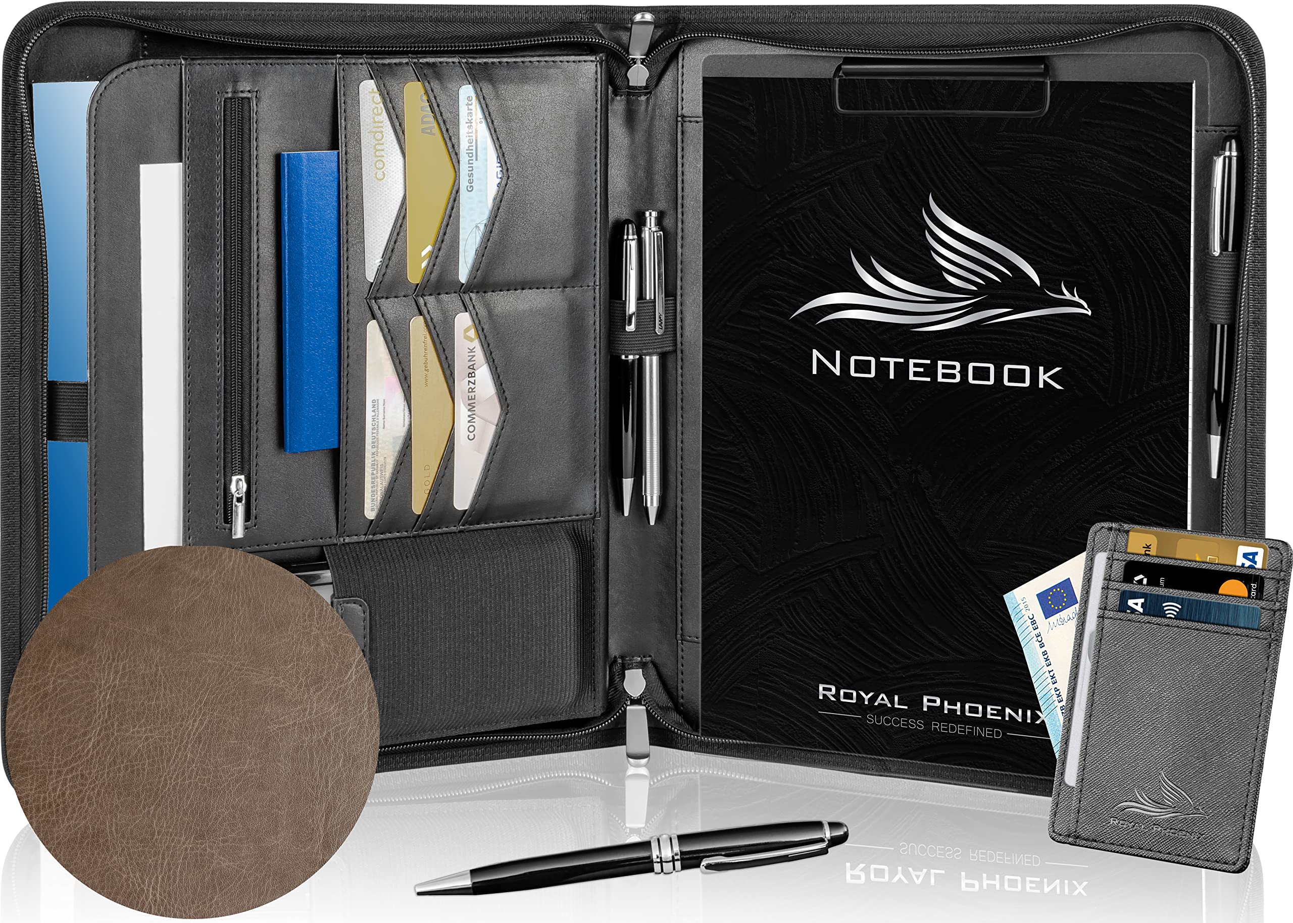 Royal Phoenix® Raven Business Writing Case A4 High-Quality Conference Folder with Double Zip Including Credit Card Holder and Other Extras Work Folder Made of High-Quality Faux Leather in Mocha