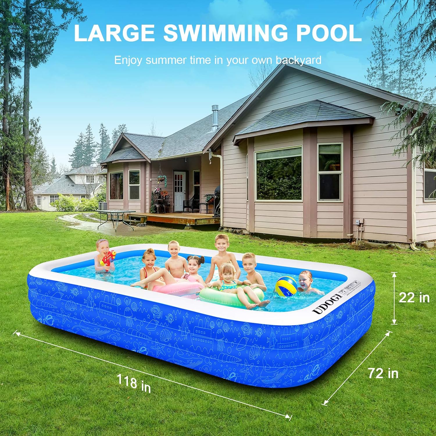 Family Inflatable Swimming Pool, 118" X 72" X 22" Full-Sized Inflatable Kiddie Pool Thick Wear-Resistant Lounge Pools Above Ground for Baby, Kids, Adults, Toddlers, Outdoor, Garden, Backyard: Kitchen & Dining