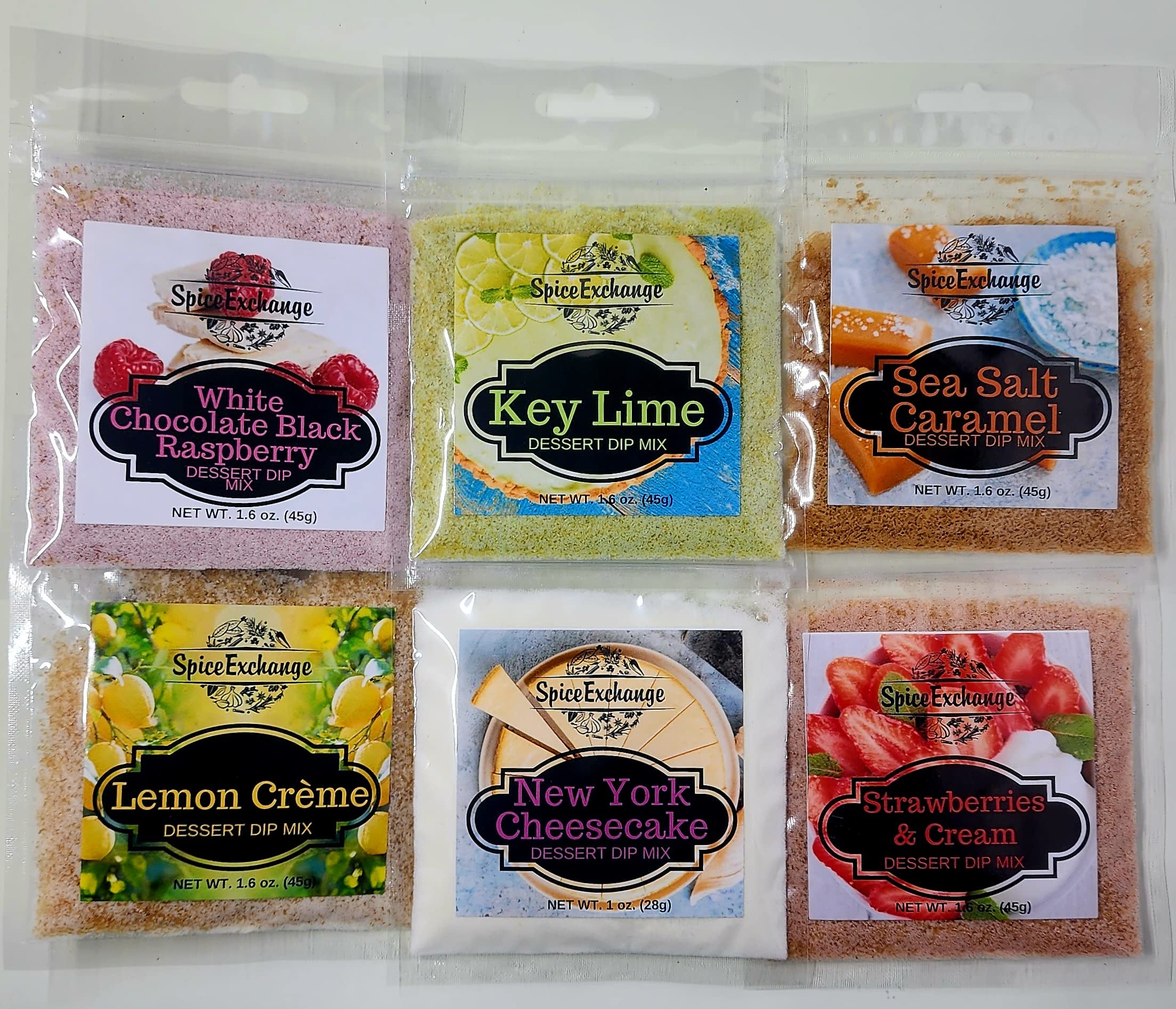 Spice Exchange Dessert Dip Mix 6 Variety Pack - Includes 1 packet each of New York Cheese Cake – Sea Salt Caramel – White Chocolate Black Raspberry - Key Lime – Strawberries & Cream – Lemon Crème