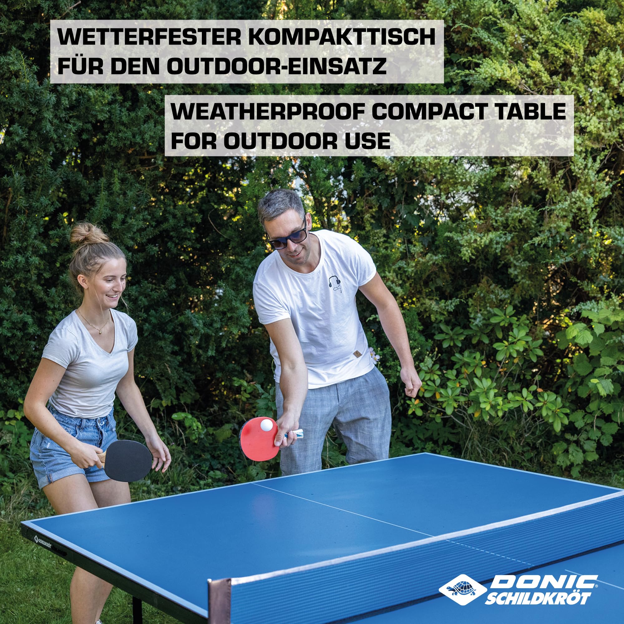 Schildkröt Tischtennisplatte Space Tec Outdoor, Outdoor Kompakttisch, wetterfeste 4mm Melaminharzplatte, Blaue Oberfläche, schwarzes Untergestell, klappbar und durch Räder leicht fahrbar
