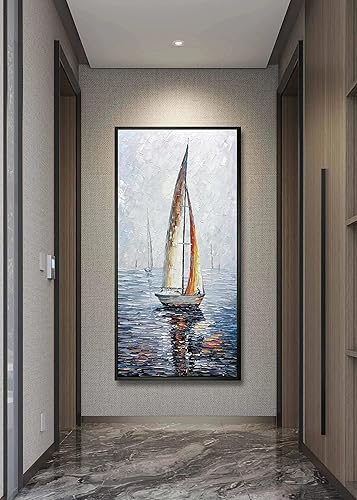 Miniatura 5 de V-inspire Arte, 24 x 48 pulgadas, moderno marco abstracto pintado a mano, pinturas al óleo, barco de vela en el mar, lienzo acrílico, pintura para