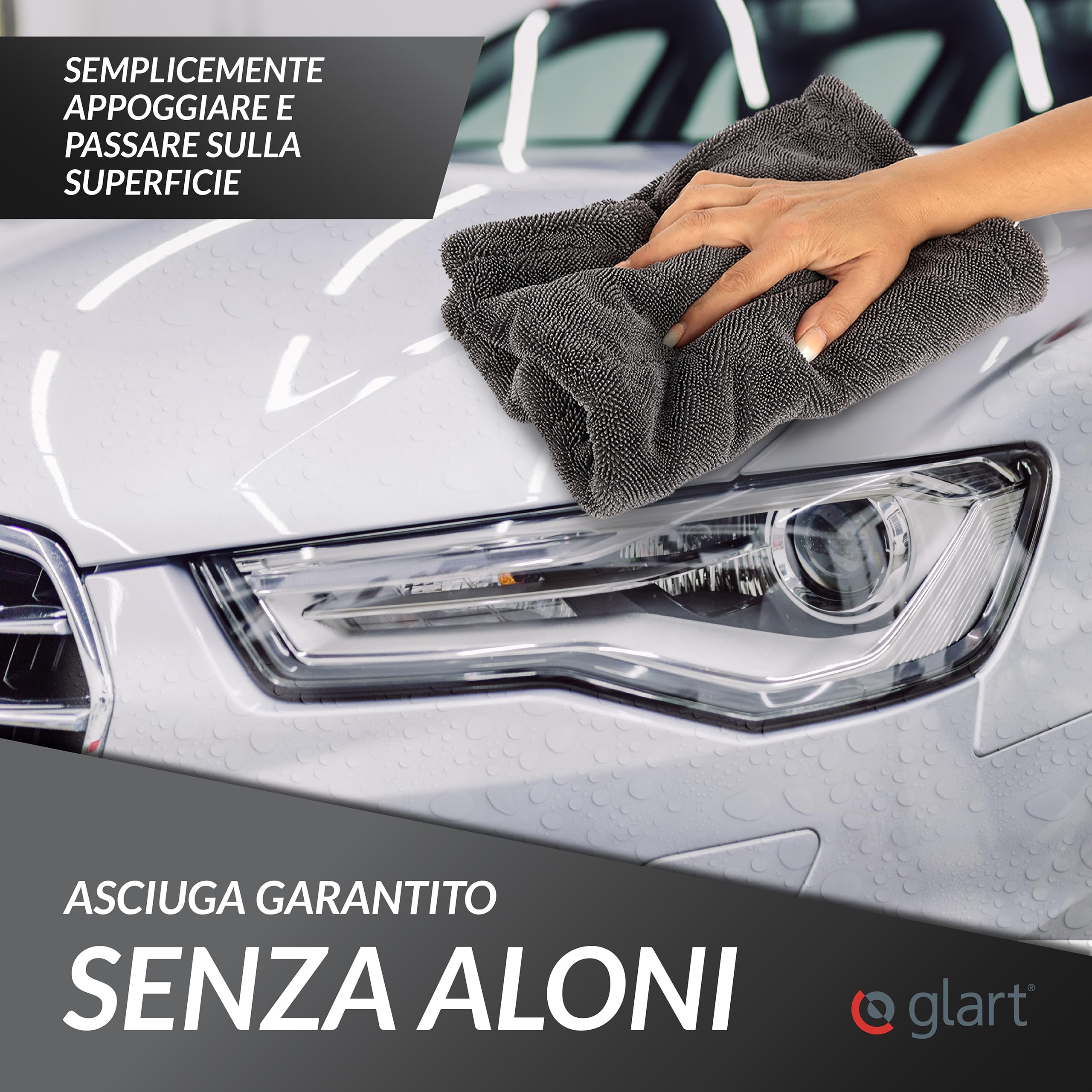 Glart 44TW68 Set Twist Panno Asciugante Auto XXL - Premium 80x55cm e 60x40cm panni in microfibra per asciugatura senza graffi prima/dopo lucidatura e pulizia dei cerchi, grande panno per auto e moto