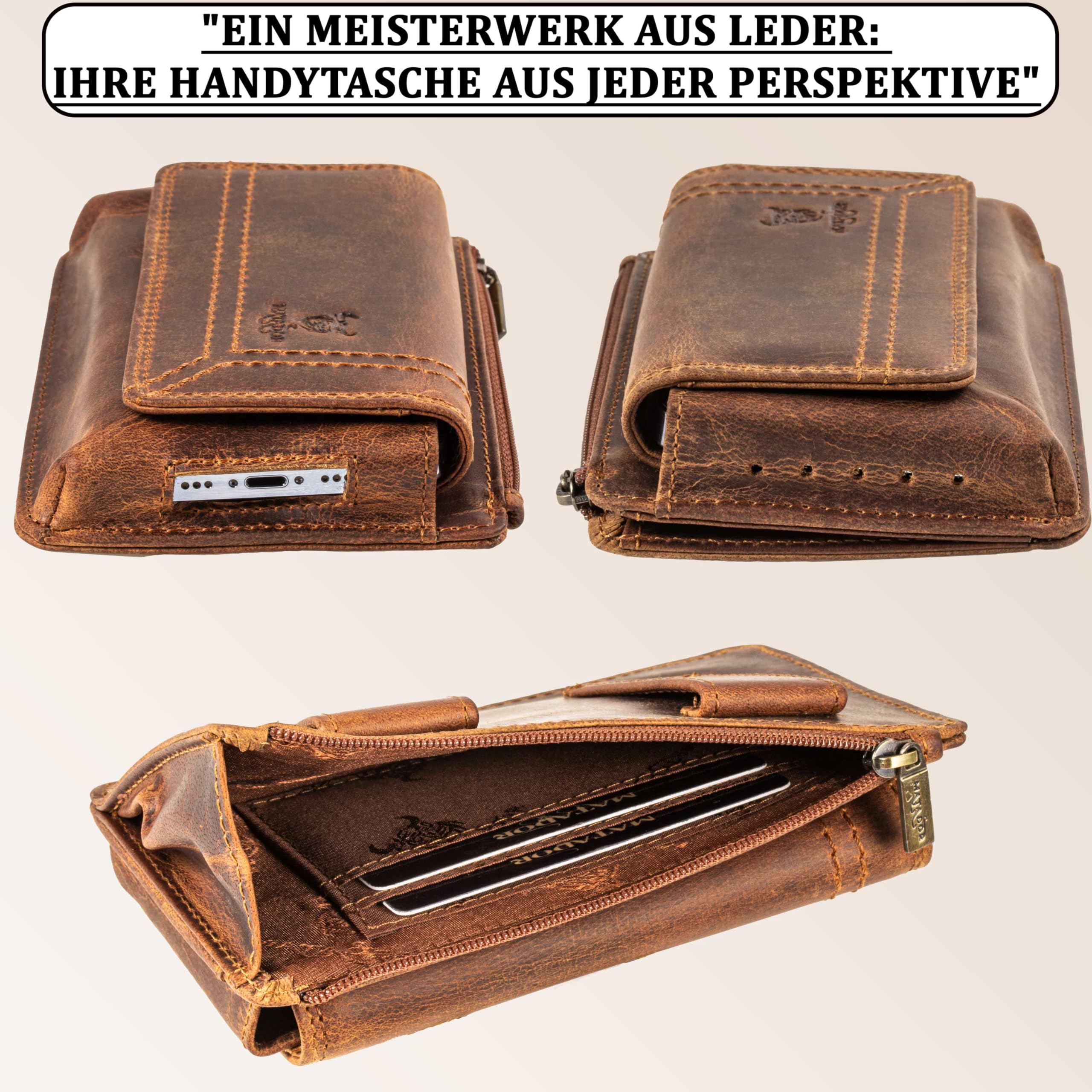 MATADOR 2in1 Echtleder Handytasche Gürtel mit Reißverschlussfach #Brisbane, mit edler Geschenkbox und RFID Schutz, Elegante Handy Gürteltasche Leder für Smartphone bis 6,1 Zoll
