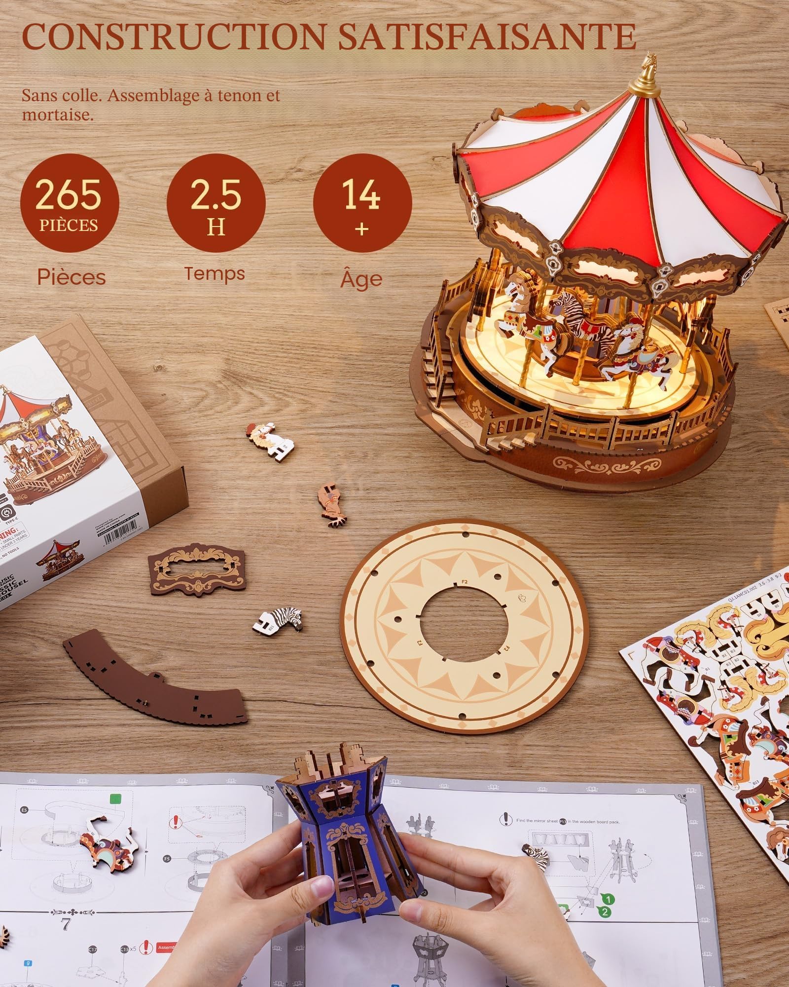 ROBOTIME Boîte à Musique carrousel Classique Puzzle en Bois 3D avec lumières LED, Maquette en Bois a Construire Kits de modélisme pour Adultes à Construire