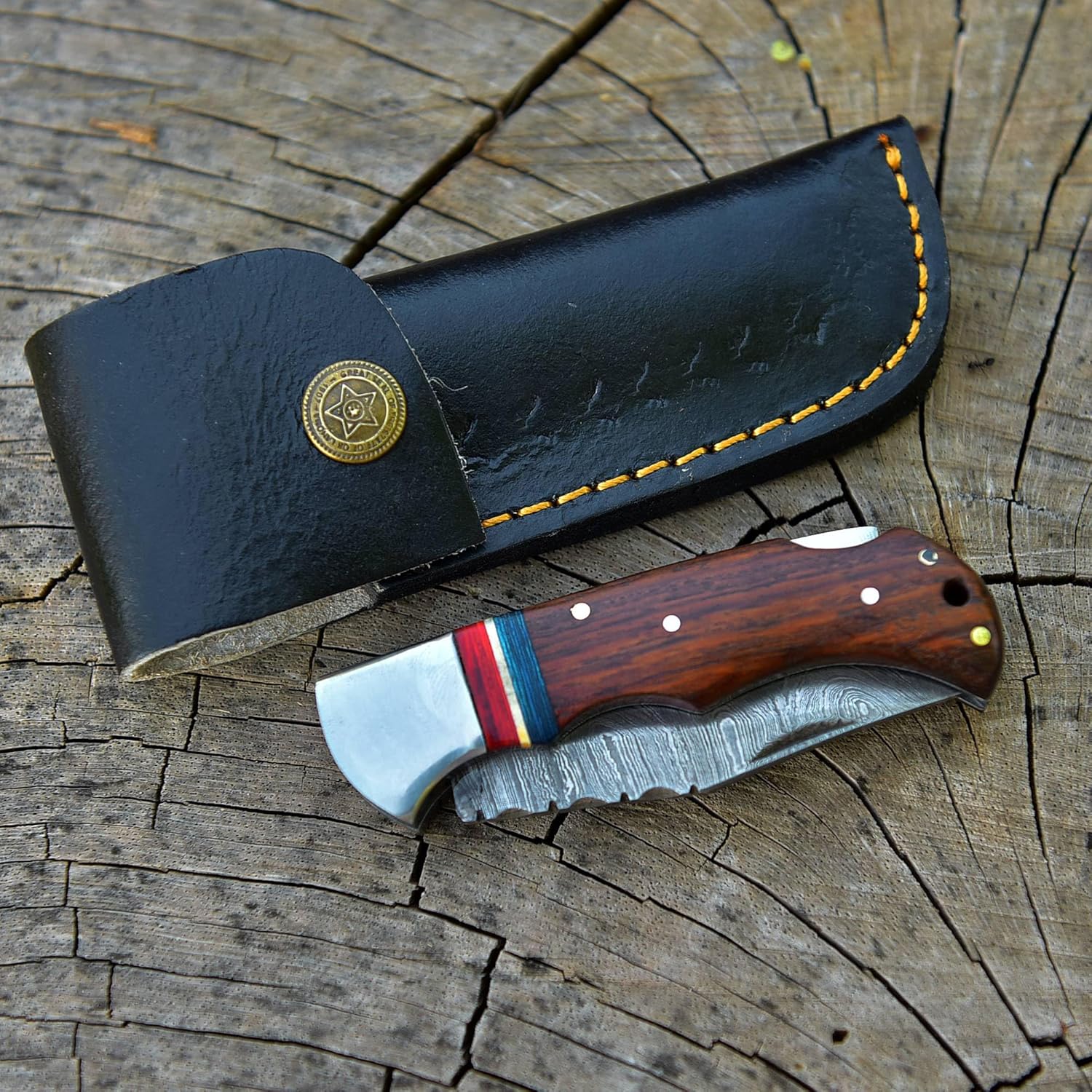 TBP Folding Knife Personalized Knife For Men Engraved Damascus Knife Perfect For Fishing, Bushcraft, Outdoor, Survival, Camping, Edc Pocket Knife Compact, With Belt Loop Leather Case