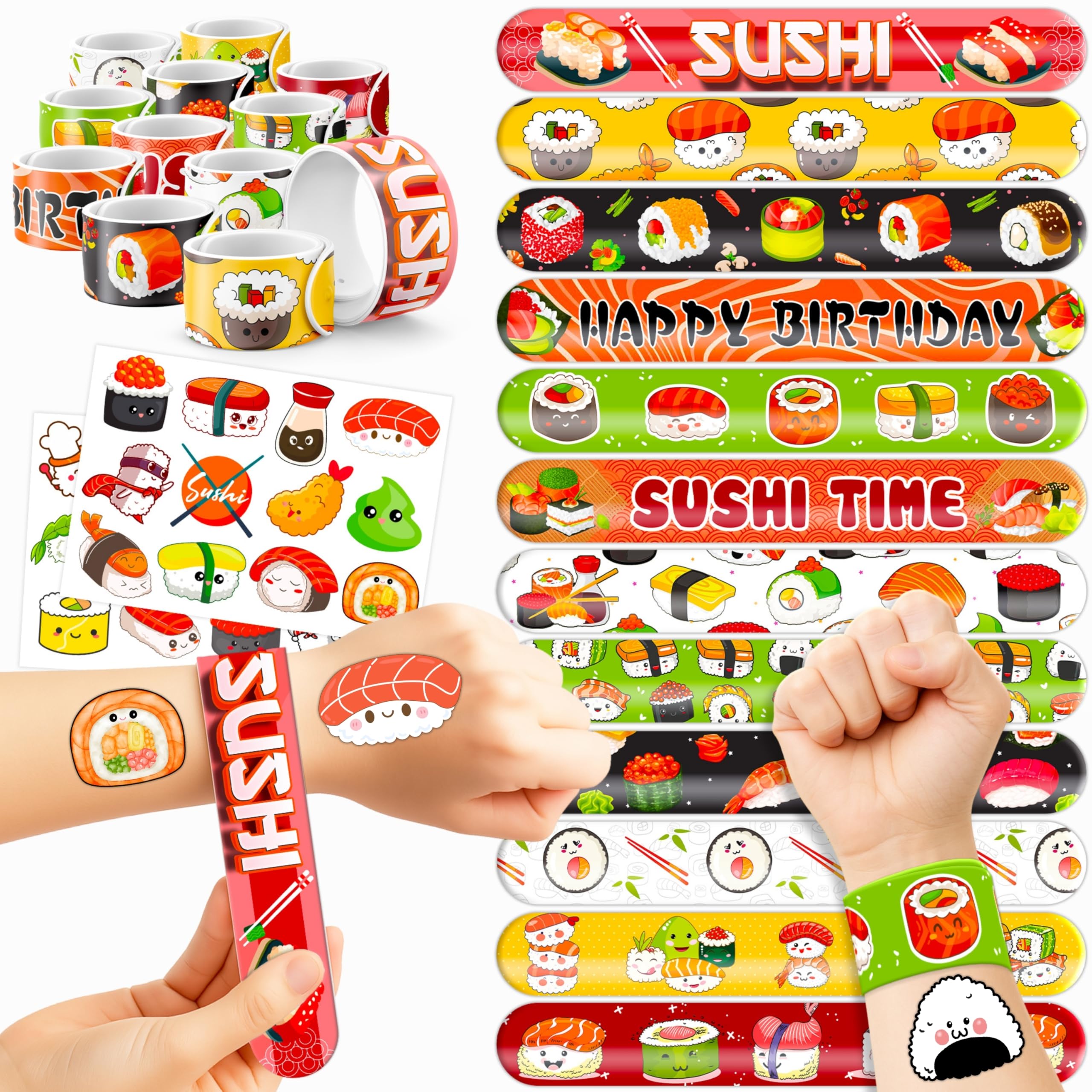 48PCS Sushi Party Set - 24PCS Temporary Pre - cut Tattoos & 24PCS Slap Bracelets - Fun Food-Themed Birthday Supplies, Baby Shower Gifts, Classroom