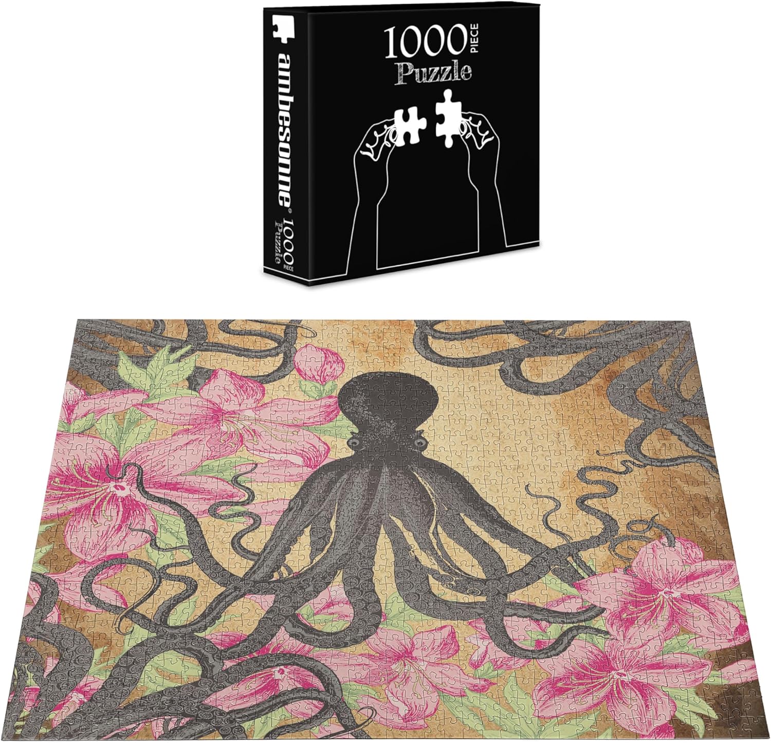 Ambesonne Octopus Jigsaw Puzzle for Adults, Kraken Roses Leaves Tentacles Vintage Antiqued Sea Life Theme, Heirloom-Quality Fun Activity Durable Cardboard, 1000 pcs, Pale Brown Pink