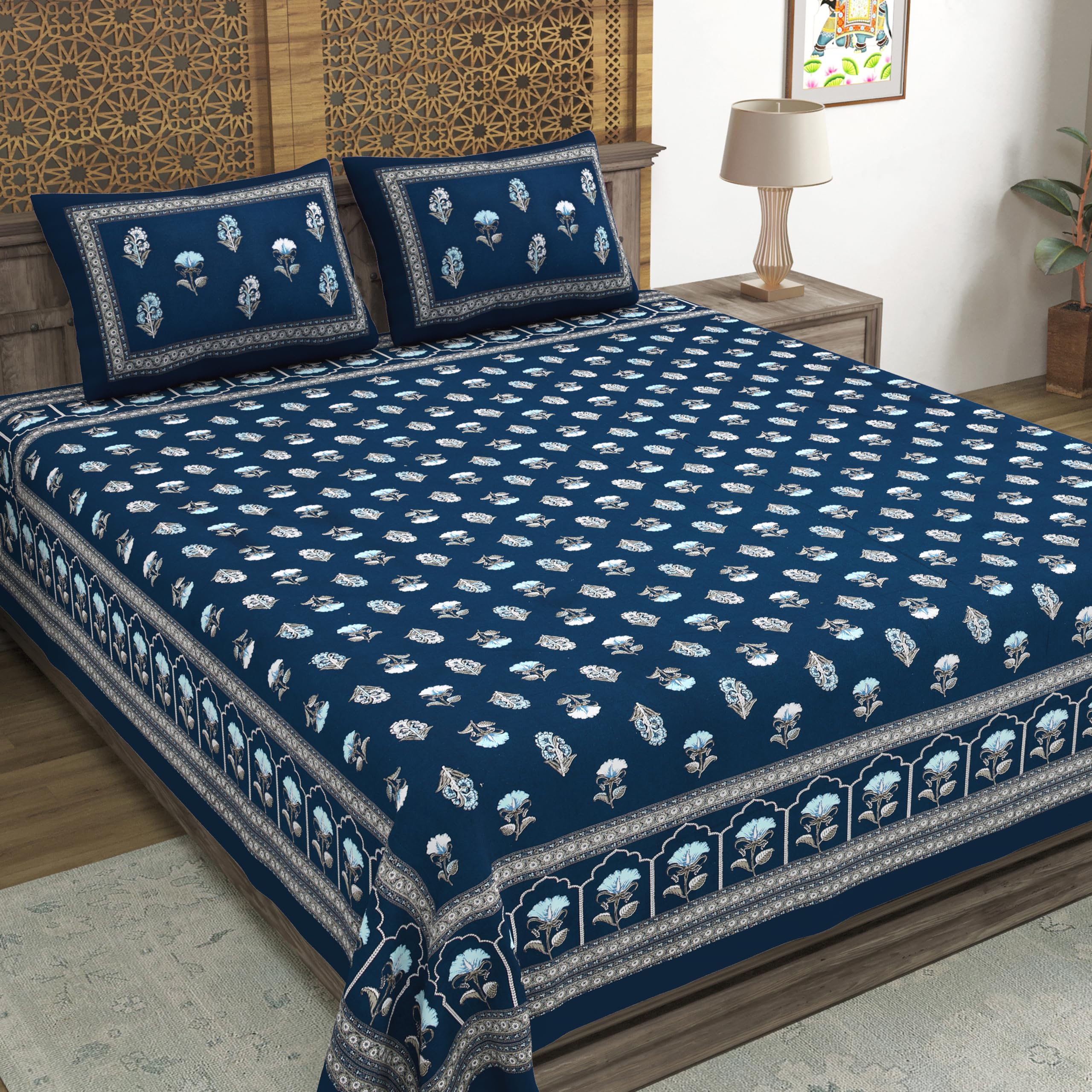 BLOCKS OF INDIA Hand Block Printed 200 TC Cotton Super King Size Bedsheet(106 x 106) | Pack of 1, Batik Blue Flower-image-16