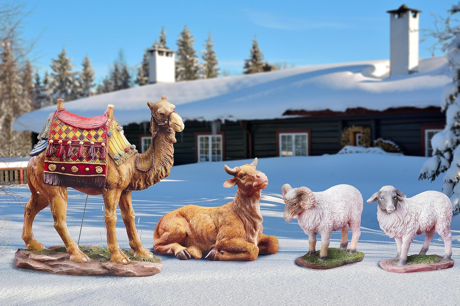 Four Piece Animal Set for Three Kings Gifts Outdoor Christmas Nativity Set. Standing Camel, Ox and 2 Sheep (Ram and Ewe)