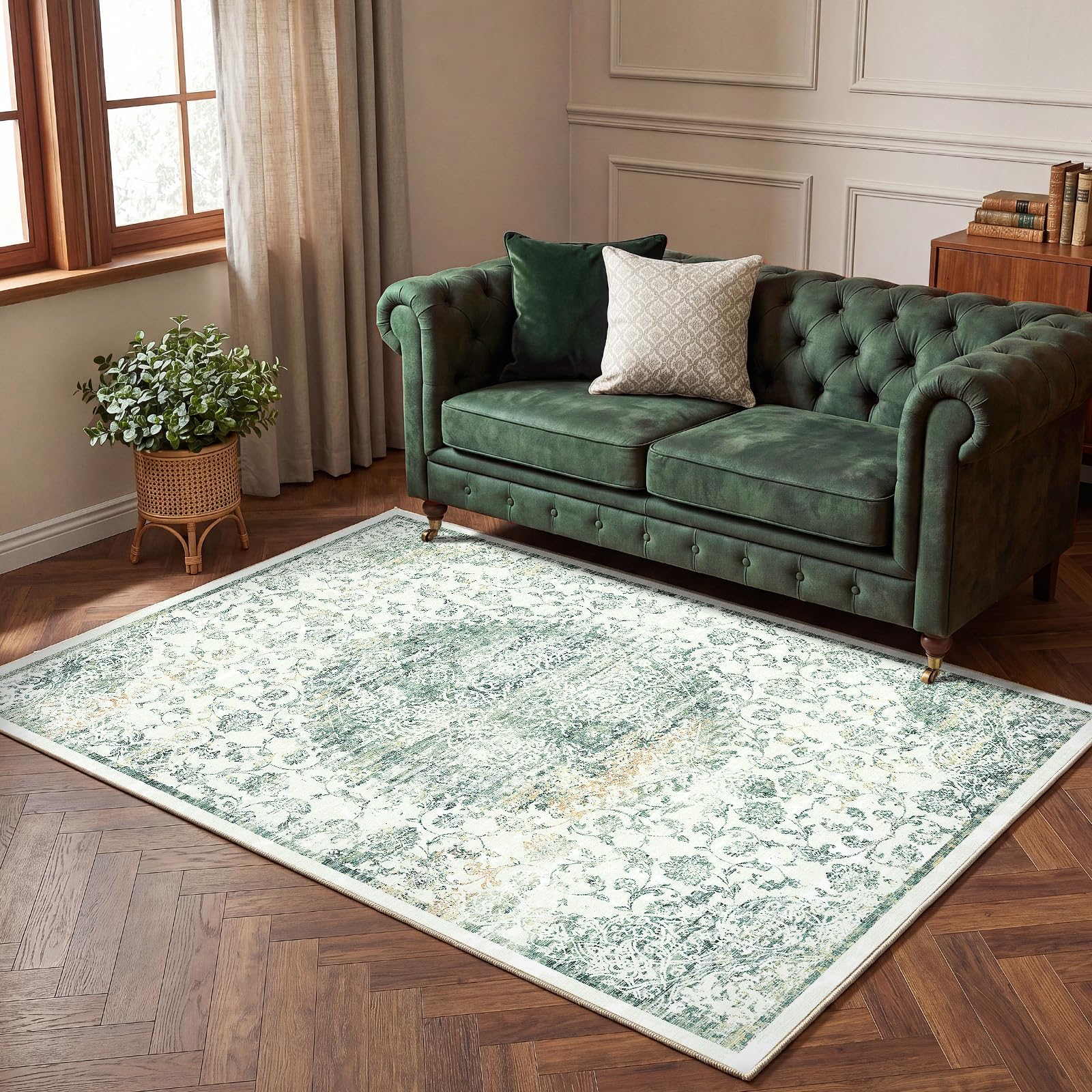 Autsel Living Room Rugs 120x160cm, Washable Rug, Non Slip Low Pile Area Rugs, Vintage Rug, Multi-use Durable Floor Carpet for Bedroom, Kitchen, Runner Rugs for Hallway, Sage Green