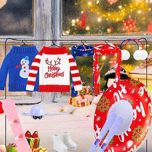 Miniatura 5 de Hungdao Juego de 9 accesorios de muñeca de Navidad que incluye orejeras, bufanda suave, suéter acogedor, tubo de nieve, accesorio de ropa de Navidad