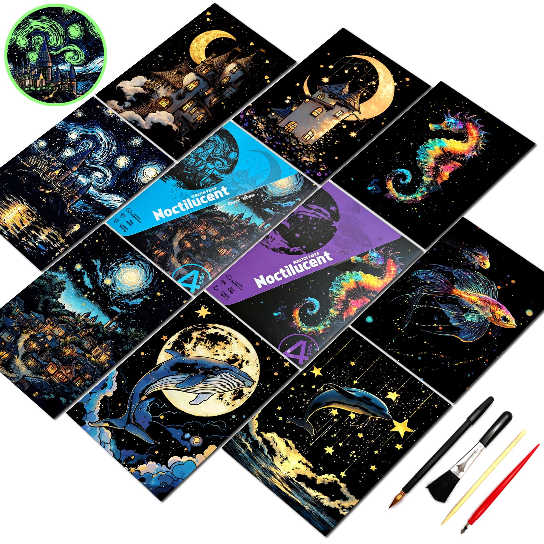 SiYear Scratch Art for Adults-Glow in The Dark Scratch Painting Craft Kit |Foil Engraving Art Set|Stress Relief Gift for Craft Lovers|Creative Scratch Art Home Decor(Castle+Ocean-8PACK-A5)