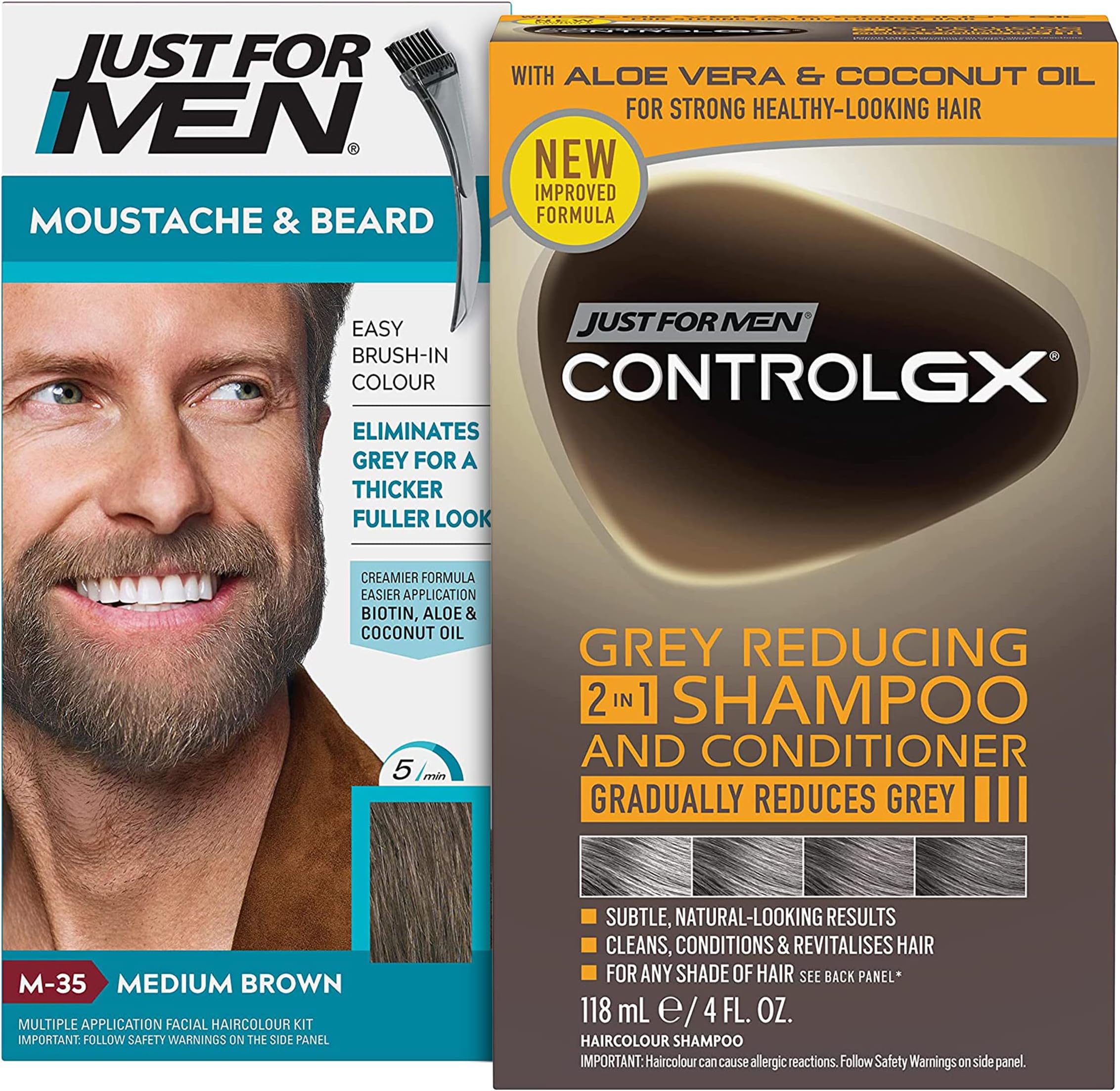 Moustache and Beard Medium Brown Dye + Control GX Grey Reducing 2-in-1 Shampoo & Conditioner, New Improved Formula - All Shades, 118ml