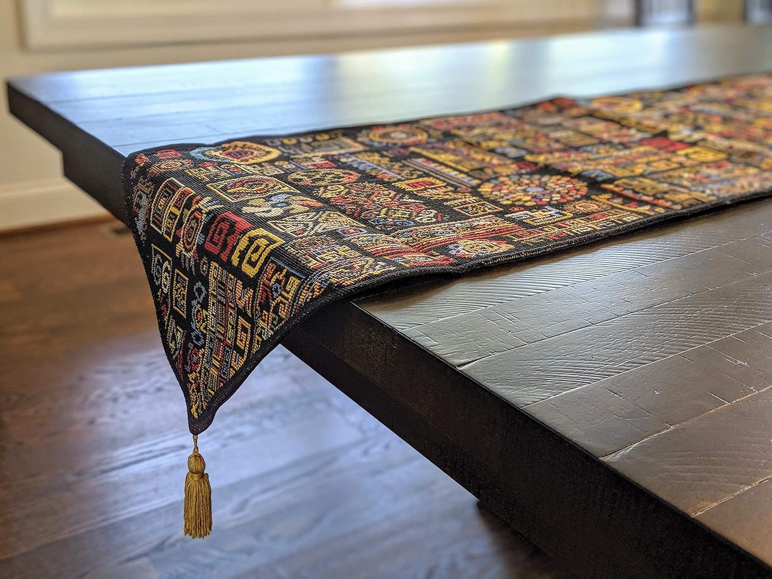 DaDa Bedding Bohemian Tapestry Table Runner - Greek Ethnic Ornament Geometric Calligraphy Black Textile - Multi-Colorful Dark Cotton Linen Woven Kitchen Dining Mats - Oversized 13" x 120"