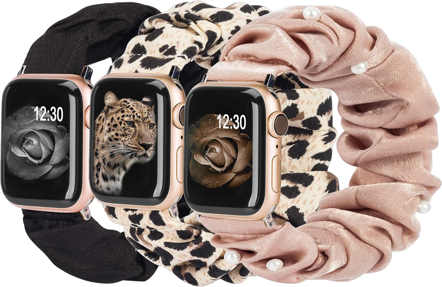 TOYOUTHS 3 PCS Compatible with Apple Watch Band Scrunchies 49/46/45/44/42mm Cloth Soft Pattern Printed Fabric Wristband Bracelet Women IWatch Elastic Bands Series SE 10 9 8 7 6 5 4 3 2 1 Ultra 1/2 Black/Leopard/Rose Gold 44/45/46/42mm(Series 3)-S/M(5.5"-6