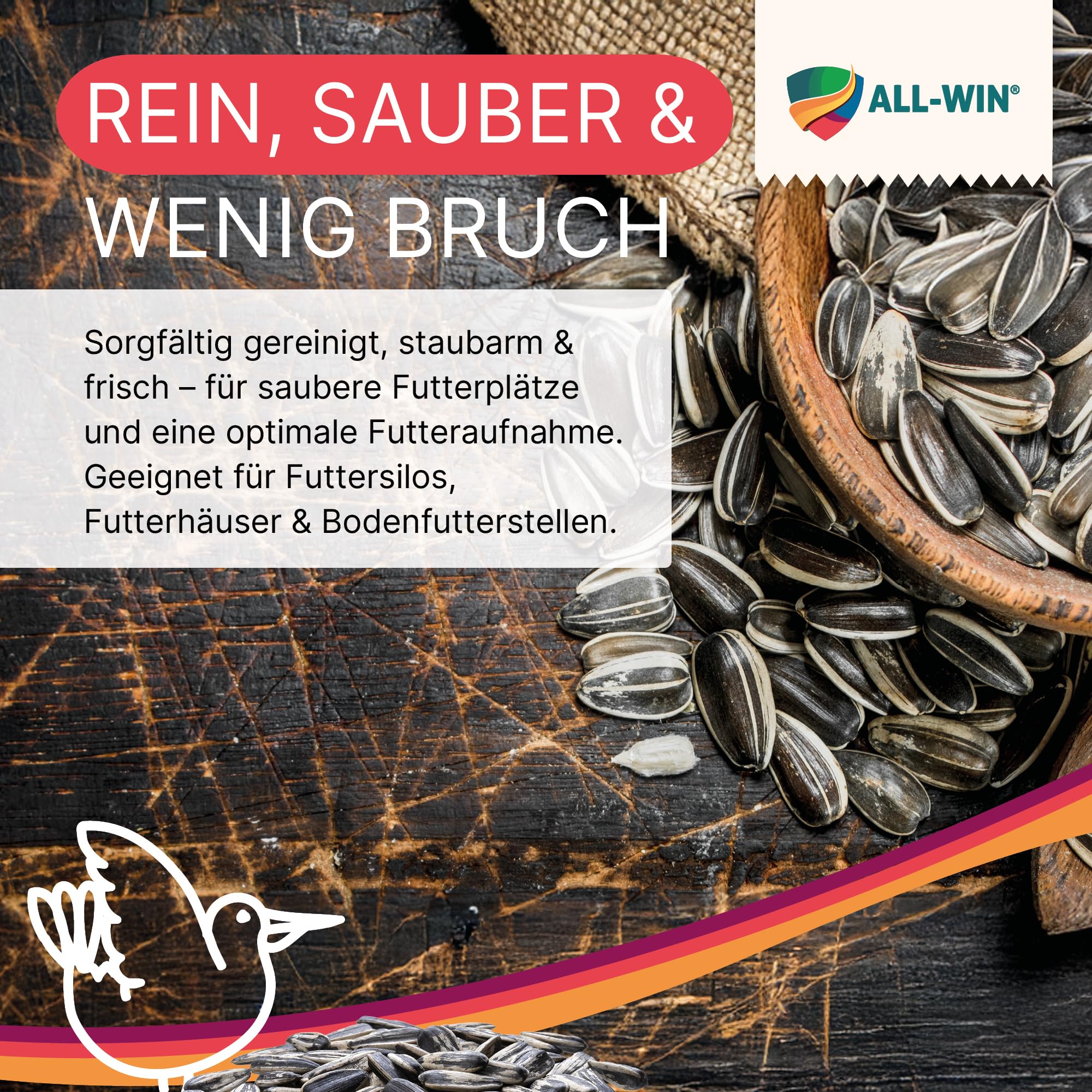 ALL-WIN gestreifte Sonnenblumenkerne 25 kg | Vogelfutter für Wildvögel | Hochwertige Sunflower Seeds | Ideal für Meisen, Finken & Gartenvögel | Naturrein, gereinigt & energiereich für Ganzjahresfütter