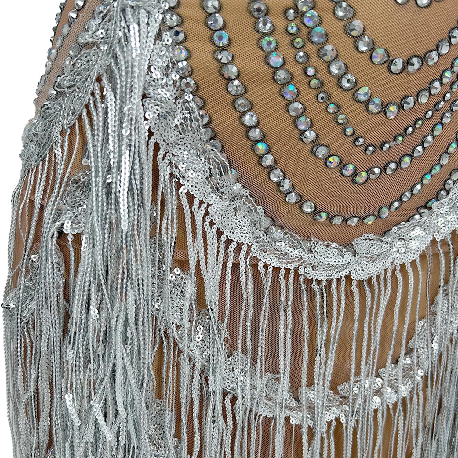 Women Elastic Perspective Crystal Prom Dresses Singer Stage Costumes Latin Dance Tassel Dress with Gloves Silver