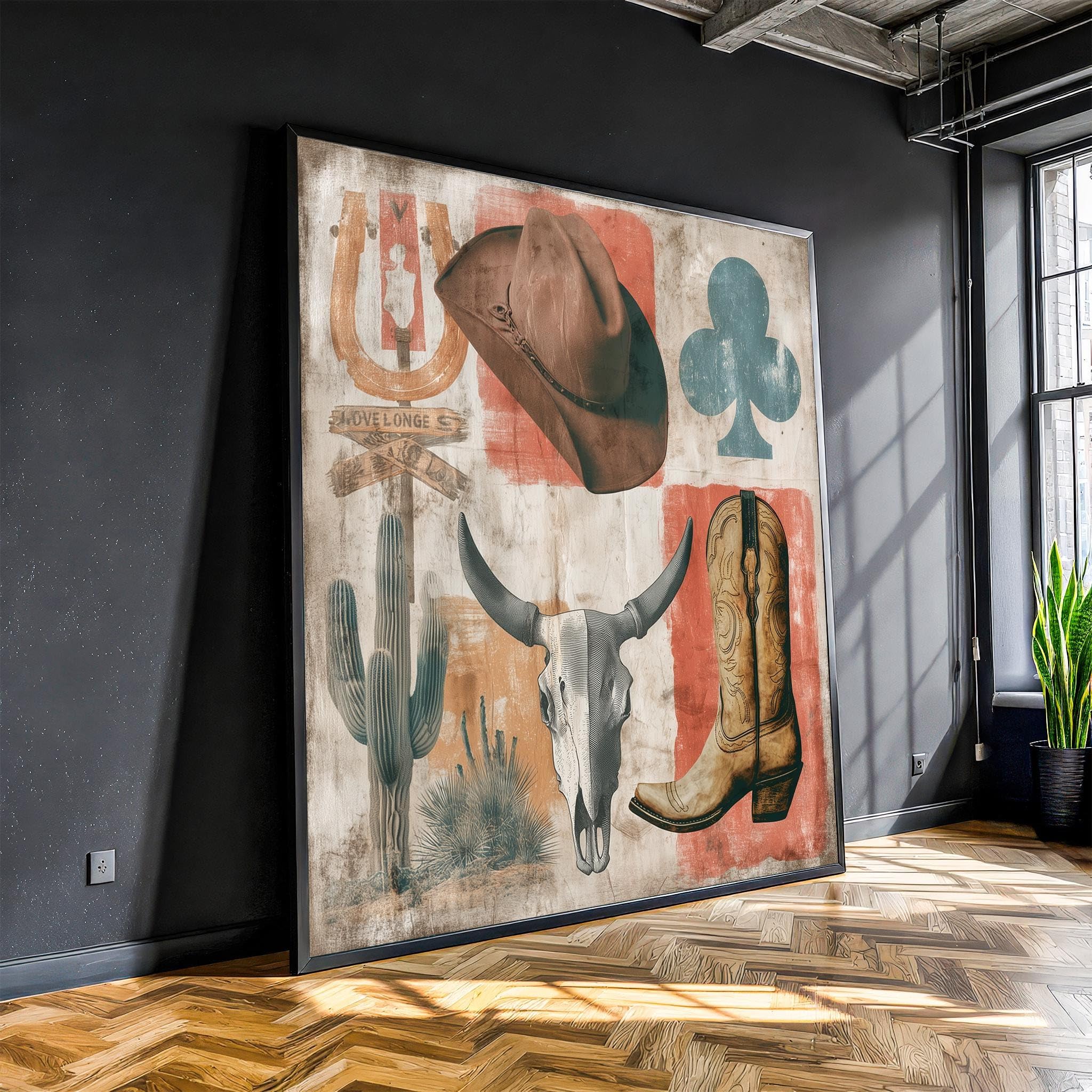 XINBAO Western Cowboy Wall Decor - Wydruk na płótnie w rustykalnym stylu wiejskim - czaszka i kości rodeo - obraz w stylu rancza (55 x 55 cm/rama wewnętrzna)