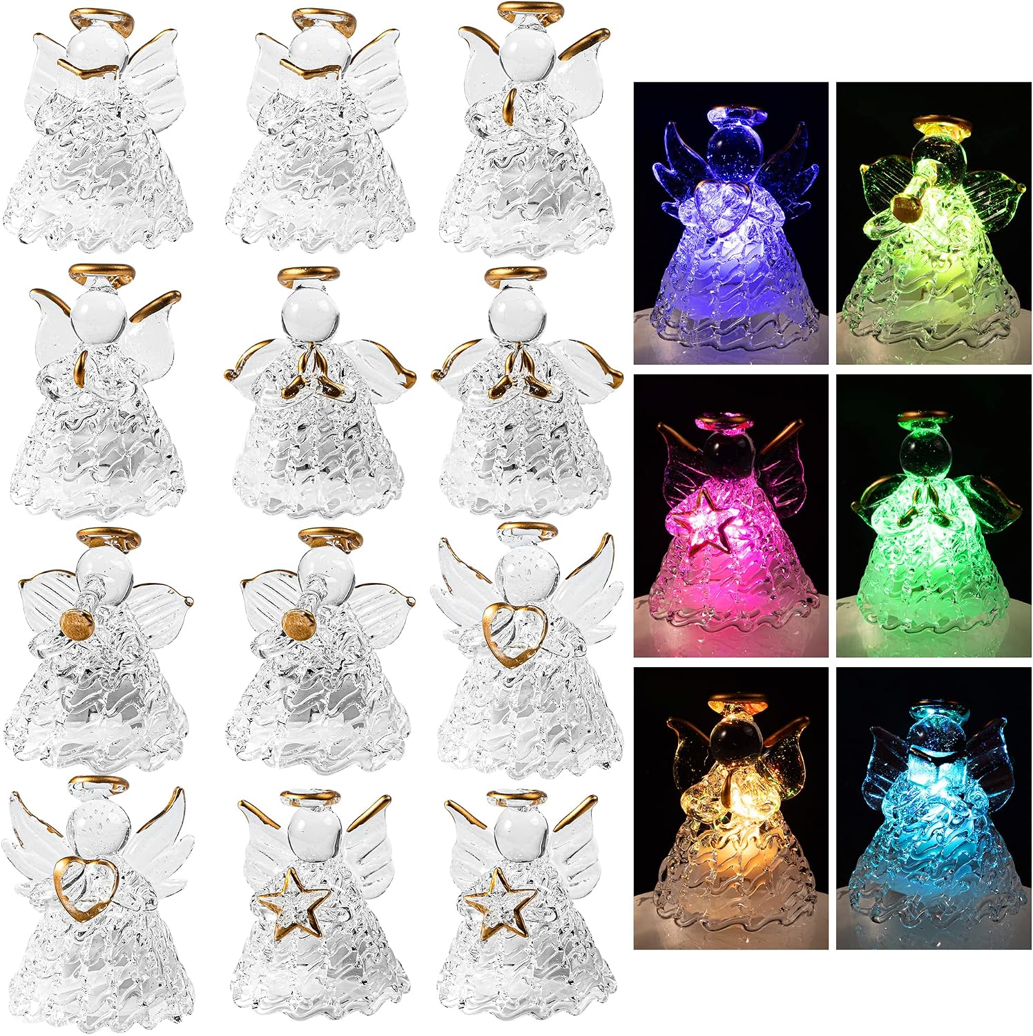 JOYIN Set of 12 Spun Angel Christmas Ornament, Clear Angel Hanging Ornaments with LED Lights for Christmas Tree Decorations, Xmas Party Favor