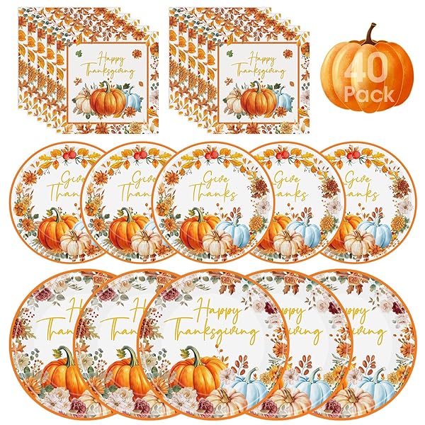 40 Pcs Happy Thanksgiving Paper Plates and Napkins Sets - Disposable Fall Thanksgiving Party Plates Napkins, Maple Leaf Pumpkin Watercolor Tableware for Thanks Giving Party Supplies Table Decorations