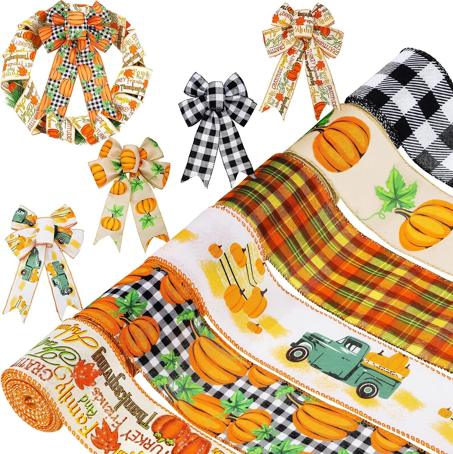 30 Yard 2.5 Inch Thanksgiving Pumpkin Ribbon Fall Wired Ribbon Autumn Pumpkins Wired Edge Ribbon Rustic Pumpkins Green Vintage Farm Truck with Pumpkins Fall Autumn Wired Edge Ribbon (Simple Style)