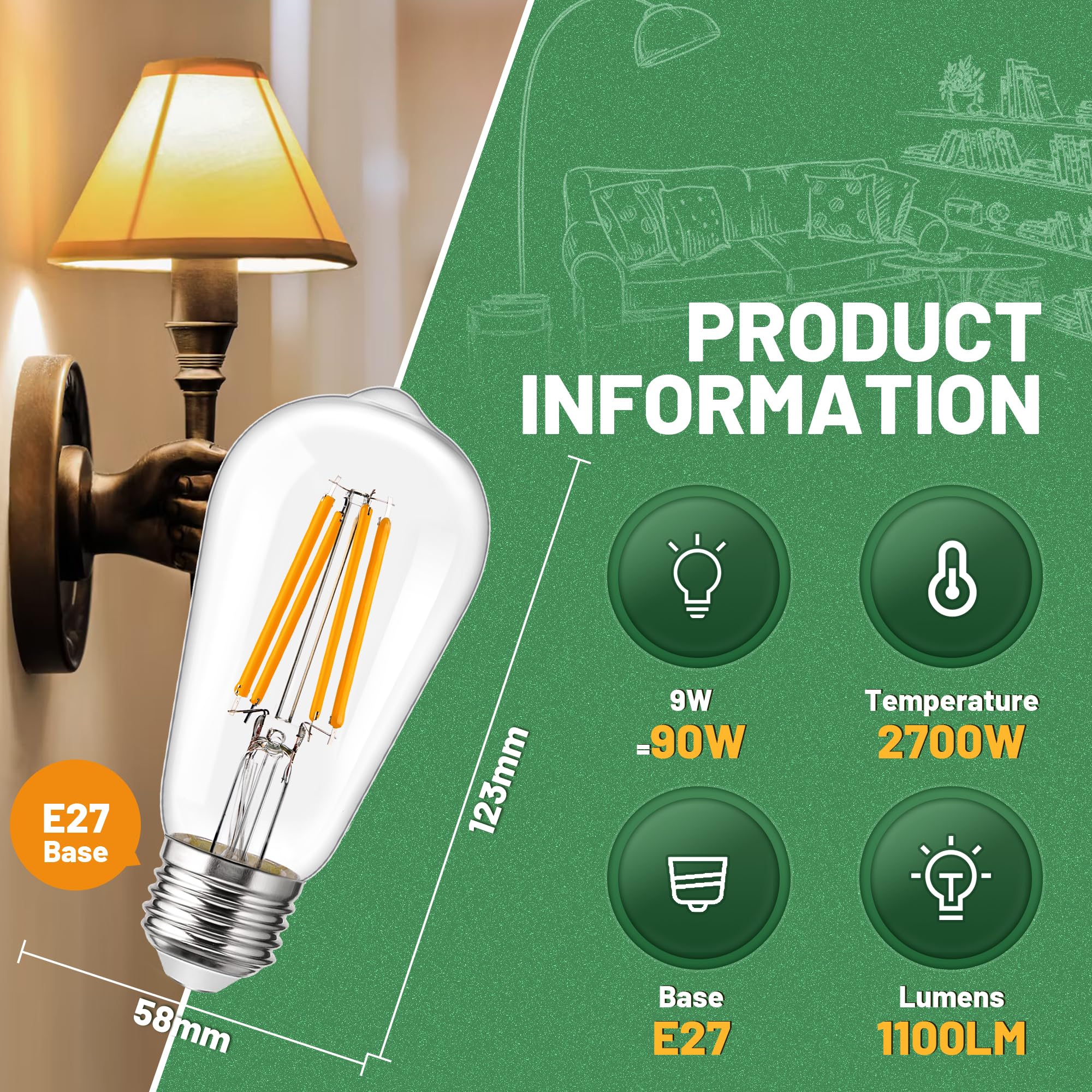 Genixgreen ST58 LED-Retro-Birne 9W – Warmweiß 2700K, E27, 1100 Lumen, Energiegsparend & Langlebig