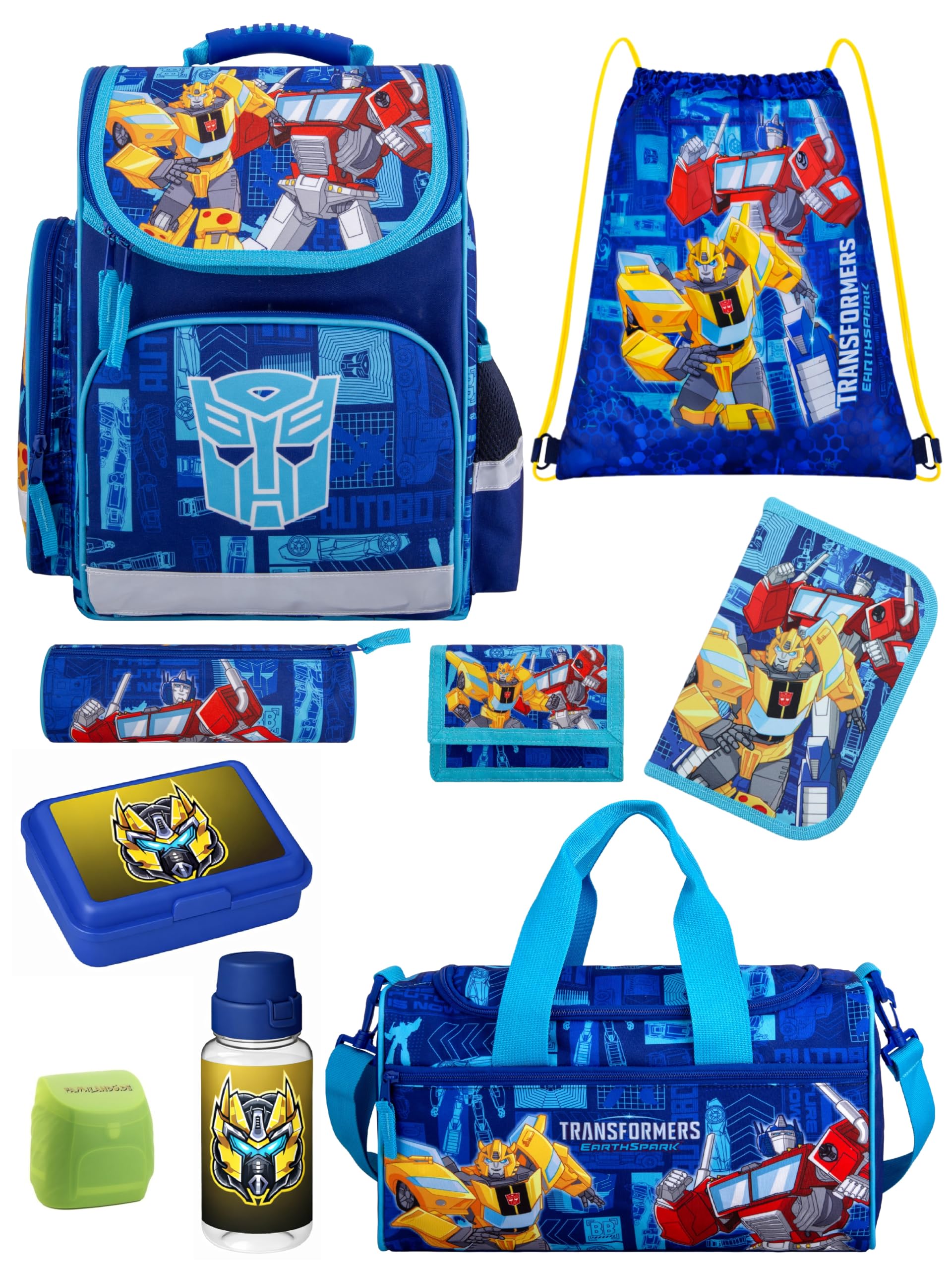 Familando - Schulranzen Set - 9-teilig mit Lunch-Set - Transformers - Ergonomisch, stabil & mit gepolstertem Rücken - 930g leicht - 15L Volumen - Mit Reflektoren - Für Grundschule ab 1. Klasse