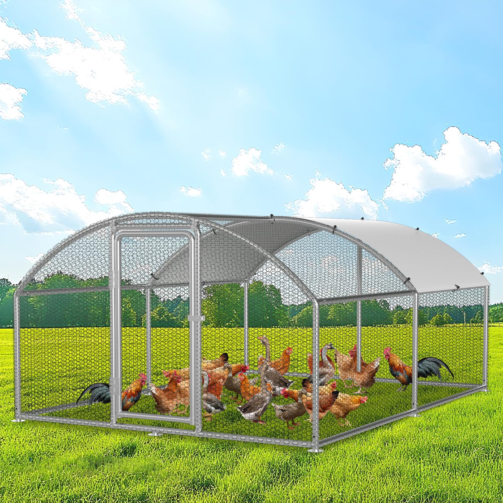 Fogmiea Hühnerstall Freilaufgehege,Freilaufgehege Kaninchen Verzinktem Stahl,Outdoor Hühnerhaus Dome Roof mit Schloss und Wasserdichtes PE Gewebe, für Hühner, Kleintiere & Pflanzen (3x4x2m)
