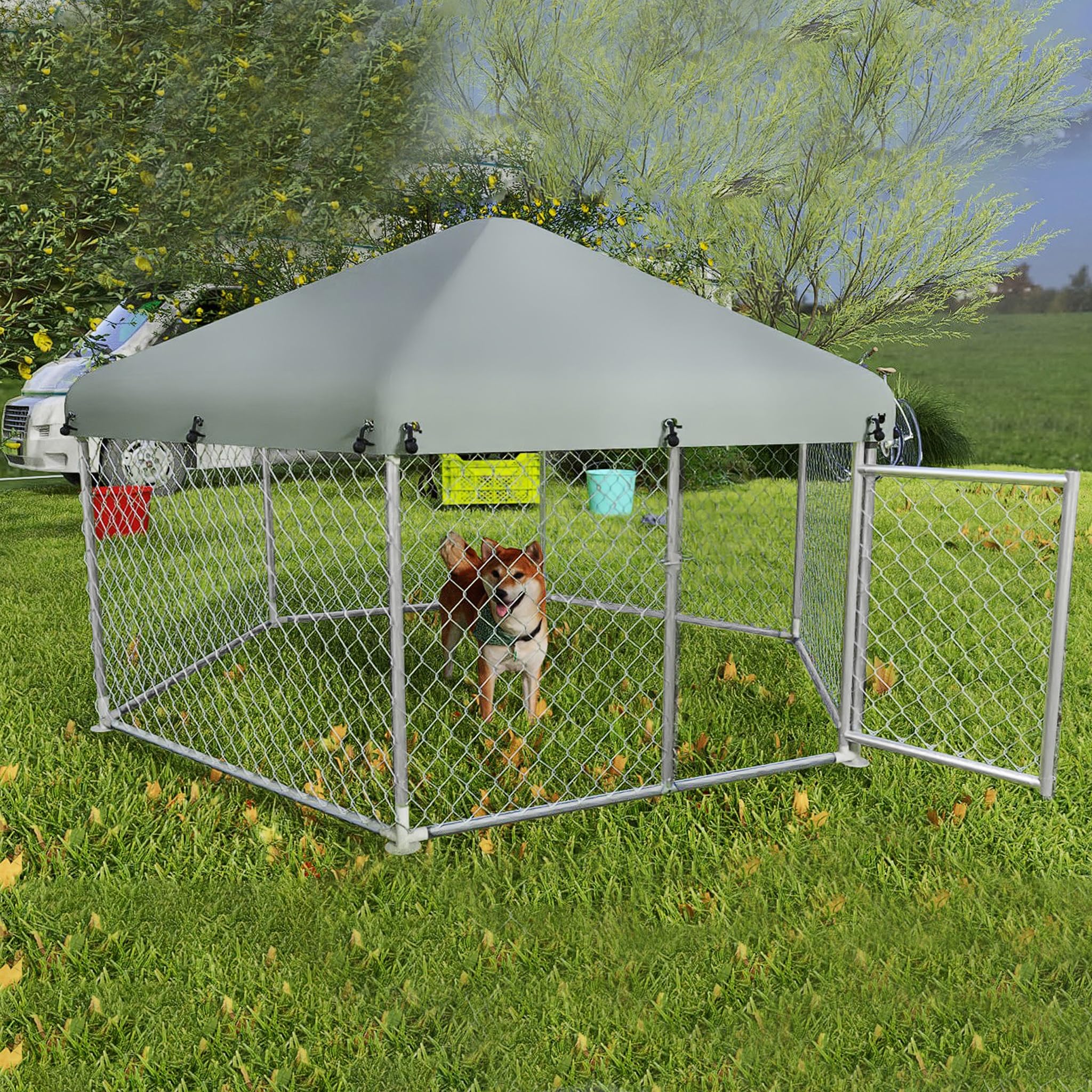 UISEBRT Hundezwinger Hundehütte Outdoor Hundehaus 210x185x150 cm UV- & Wasserdicht Hundekäfig mit Dach aus 420D Oxford-Gewebe Welpenlaufstall Verschließbares Riegelsystem und Sicheres Design