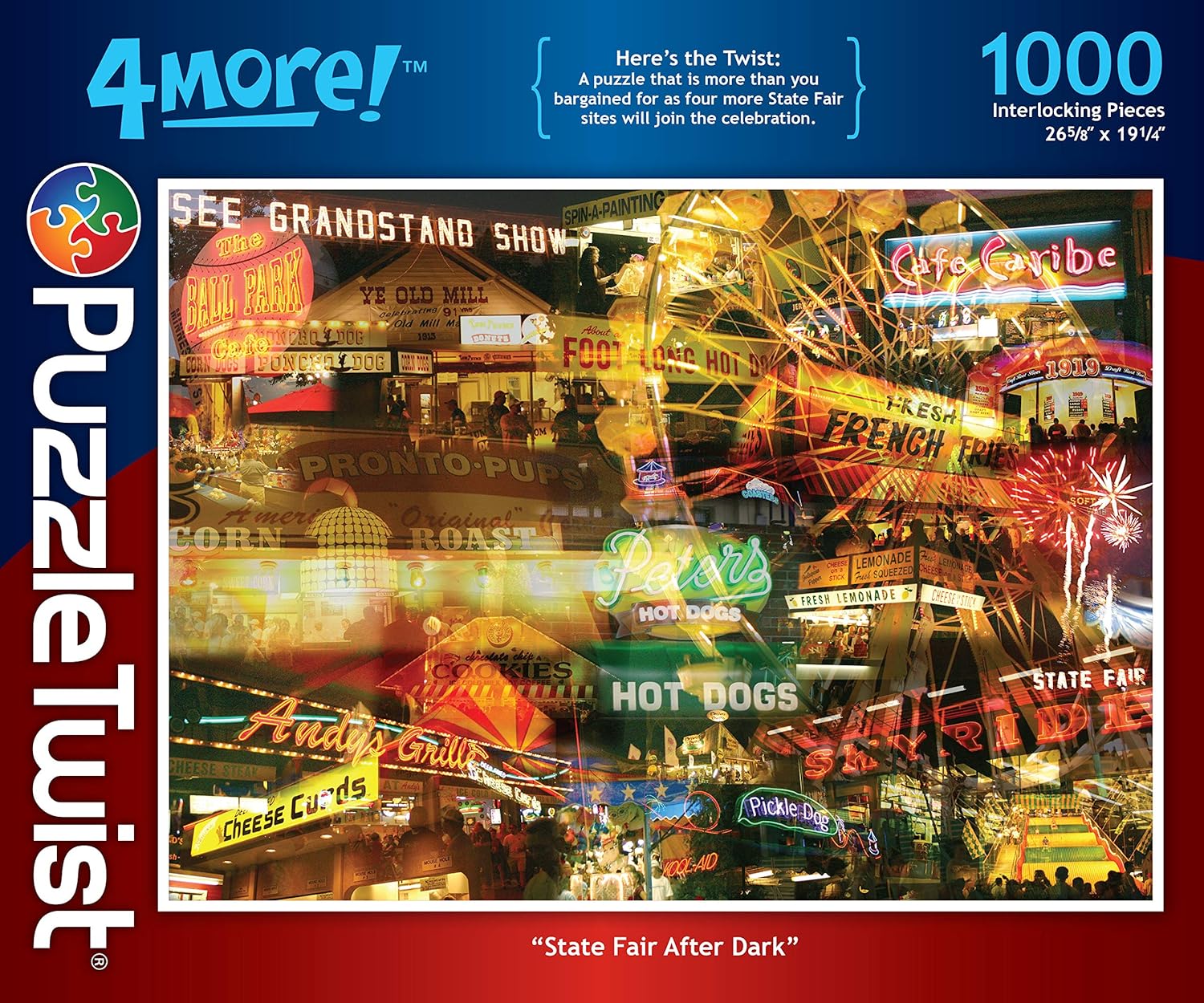 PuzzleTwist - State Fair After Dark - 1000 Piece Jigsaw Puzzle, 4 More! Series, Unique Challenging Fun for Adults Family Kids, Made in USA