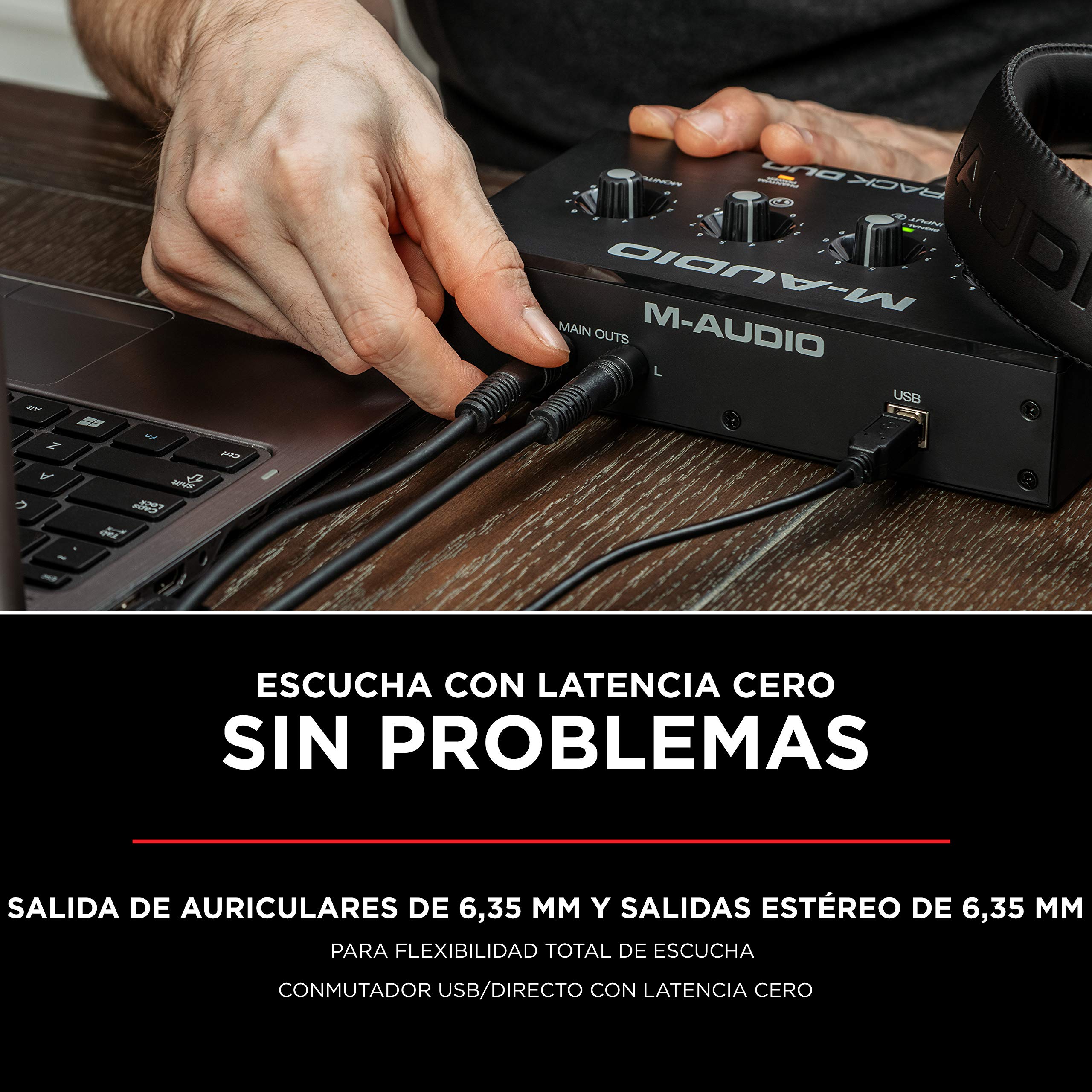 Paquete para grabación de estudio de M-Audio: interfaz de audio USB M-track Duo + monitores de estudio BX4 + Auriculares de estudio HDH40 para grabación y monitorización